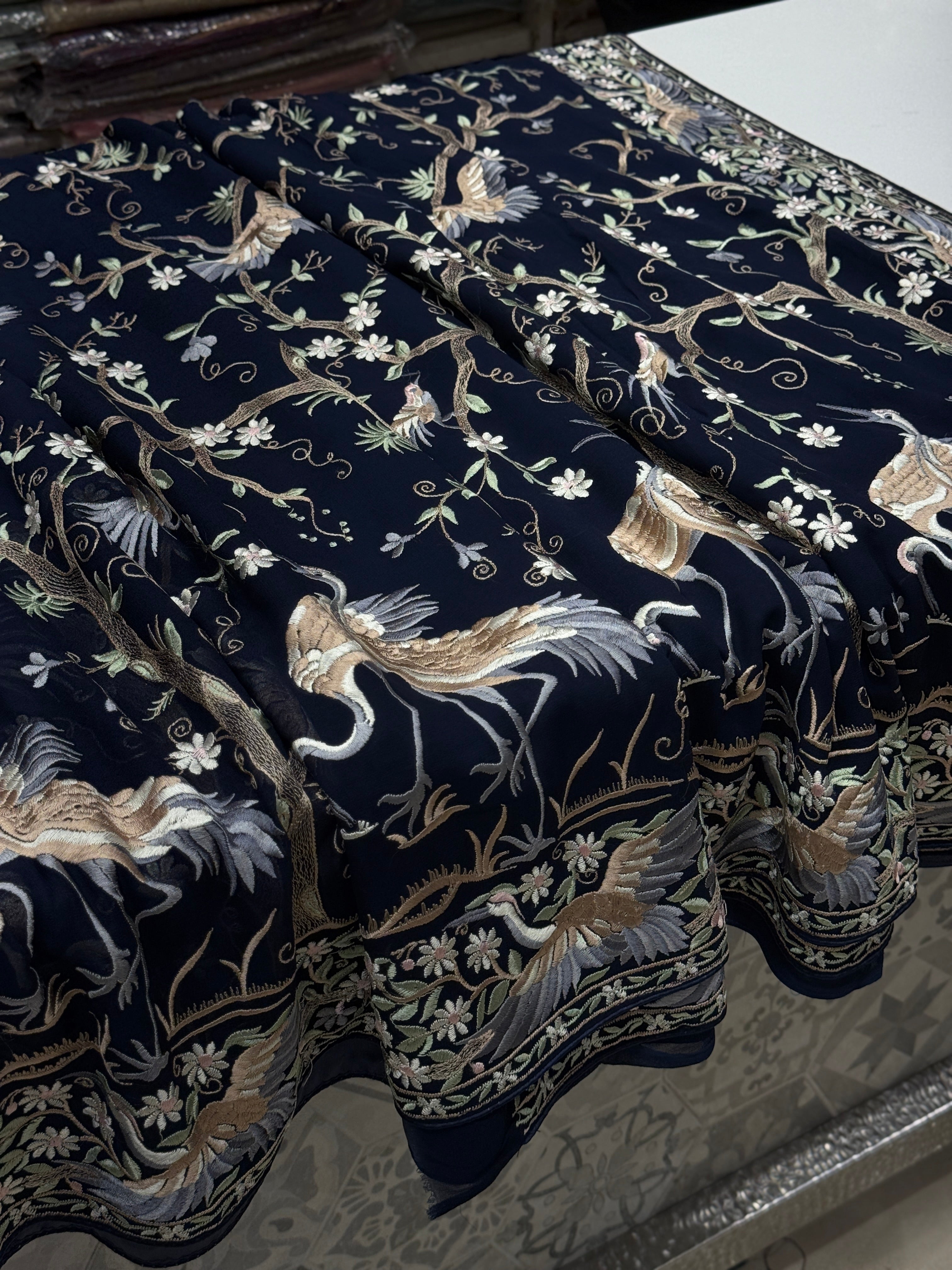 Blue Tree Of Life Flamingo Parsi Gara Saree