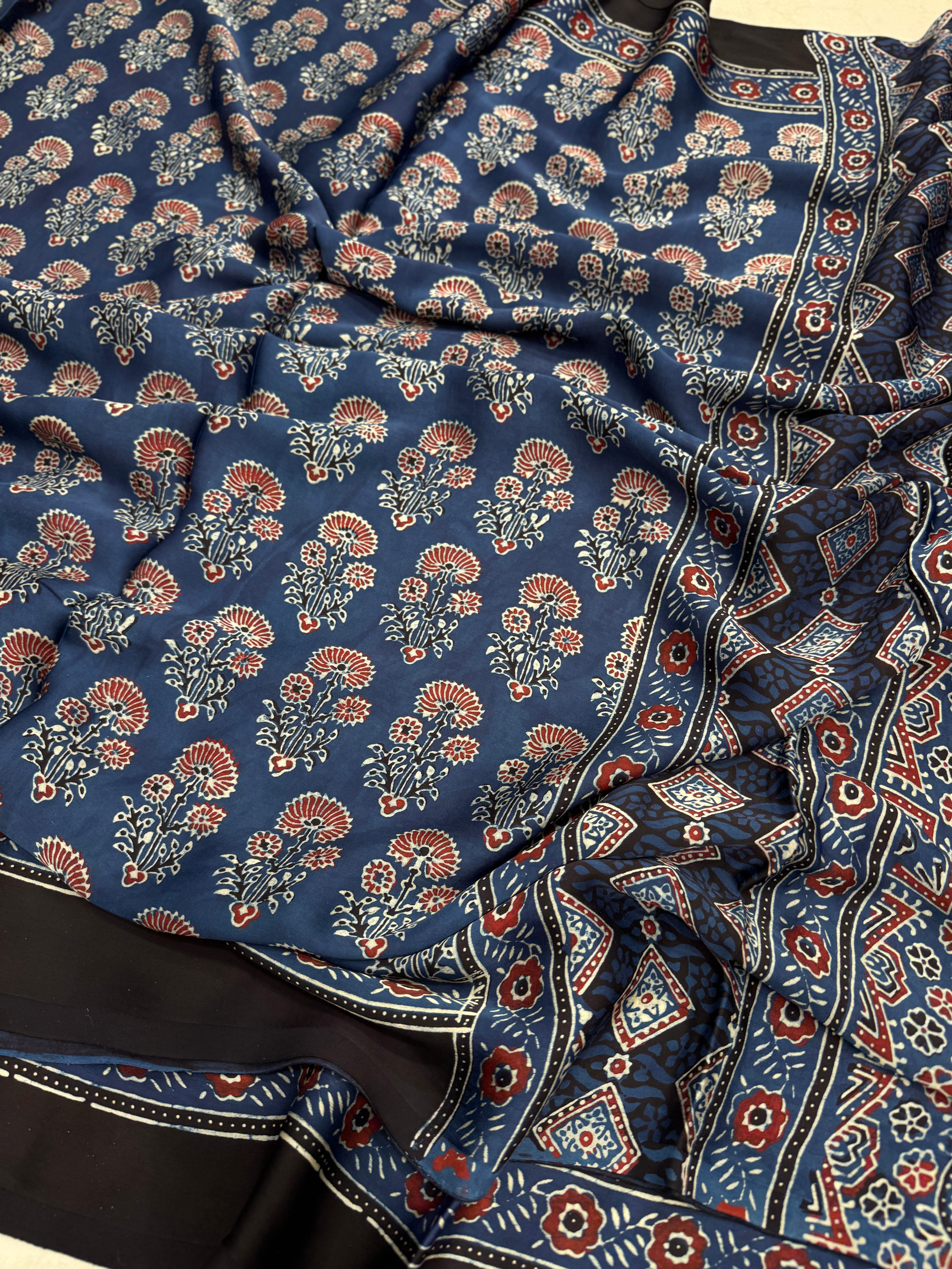 Blue Floral Buttas Floral Pallu Hand Block Print Ajrkah Pure Gajji Silk Saree