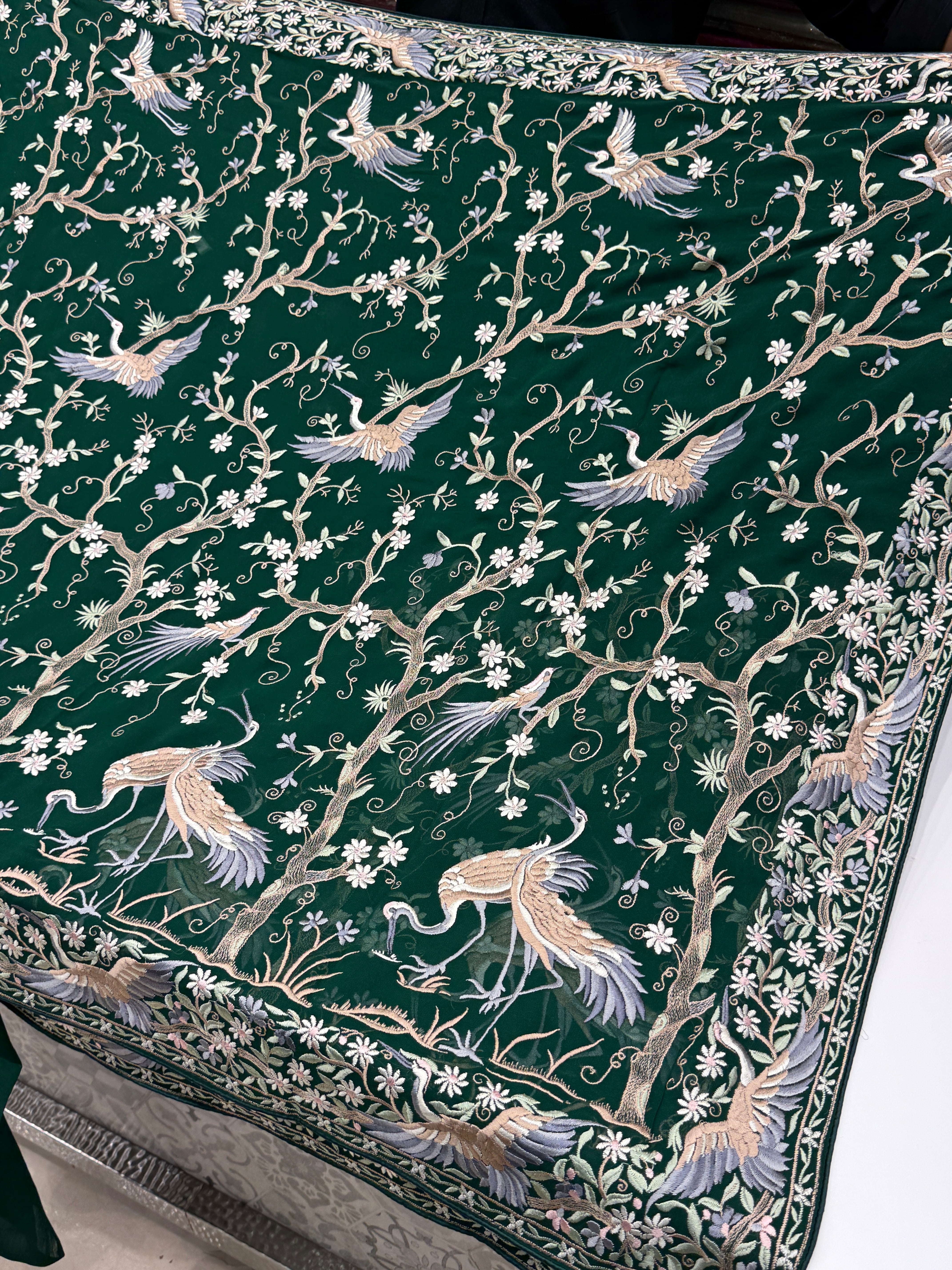 Bottle Green Tree Of Life Flamingo Parsi Gara Saree