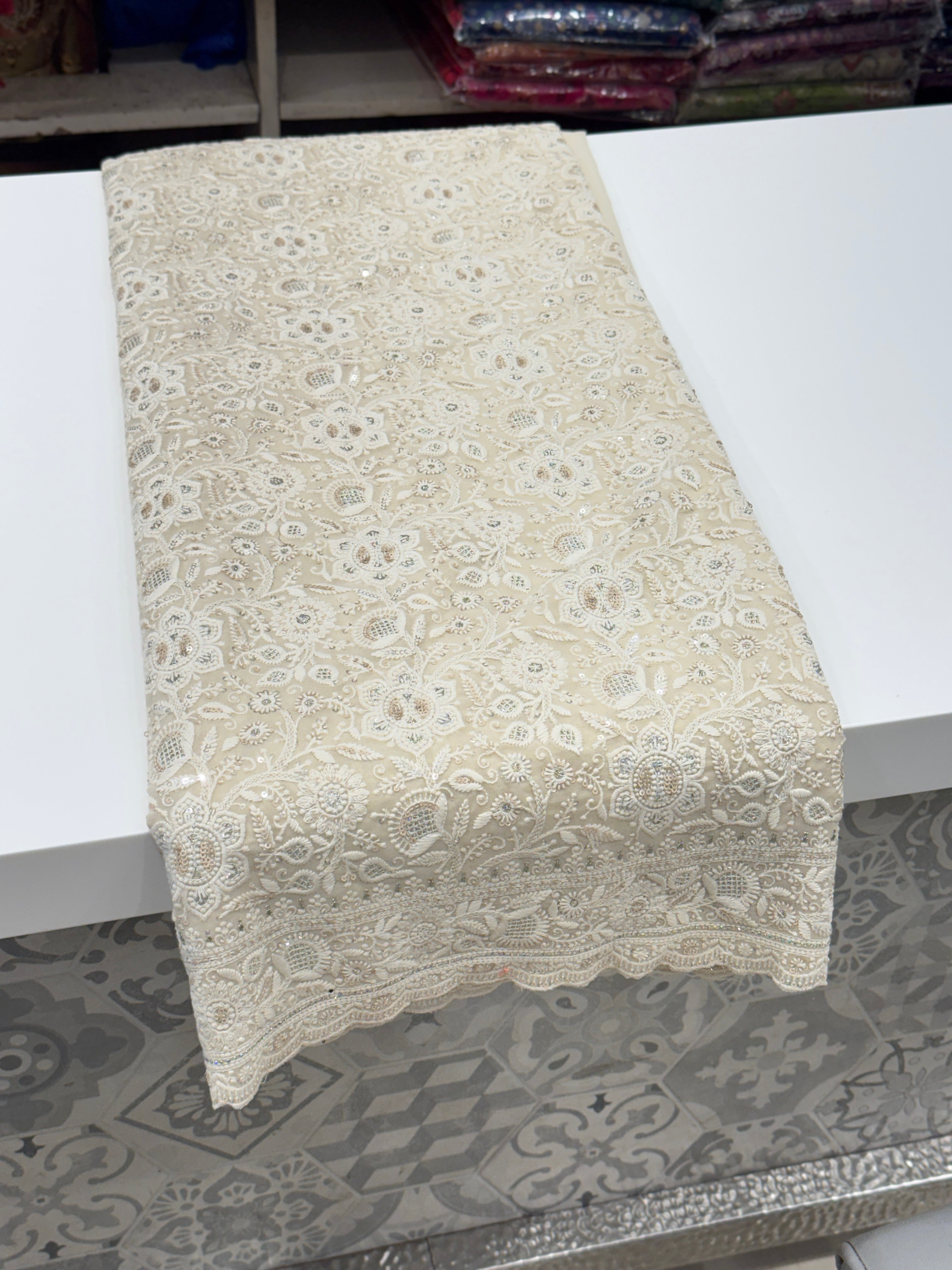 Moti White Chikankari Small Scallop Design Saree