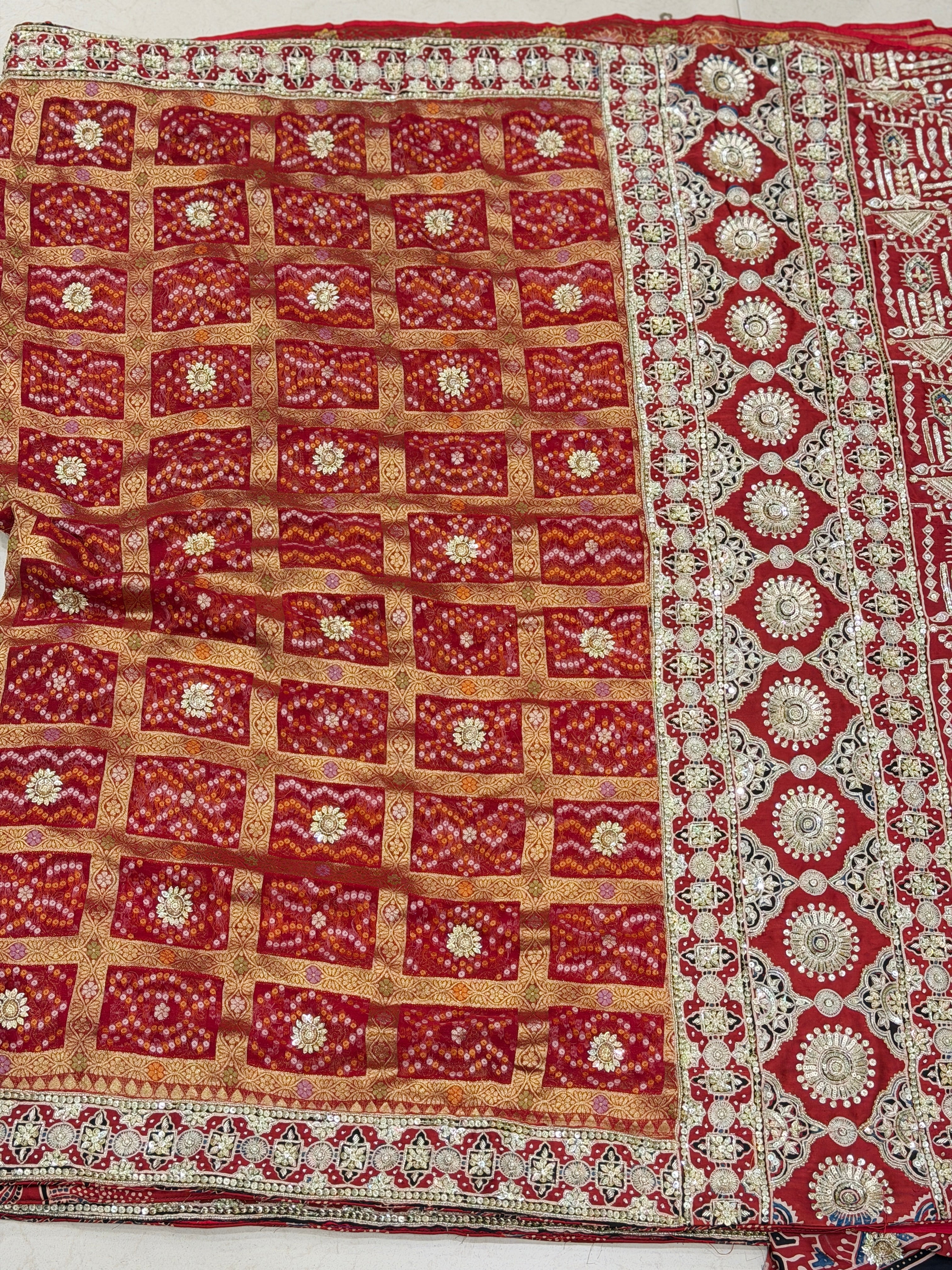 Red Gharchola Ajrakh Zardosi Pita Hand Embroidery Saree