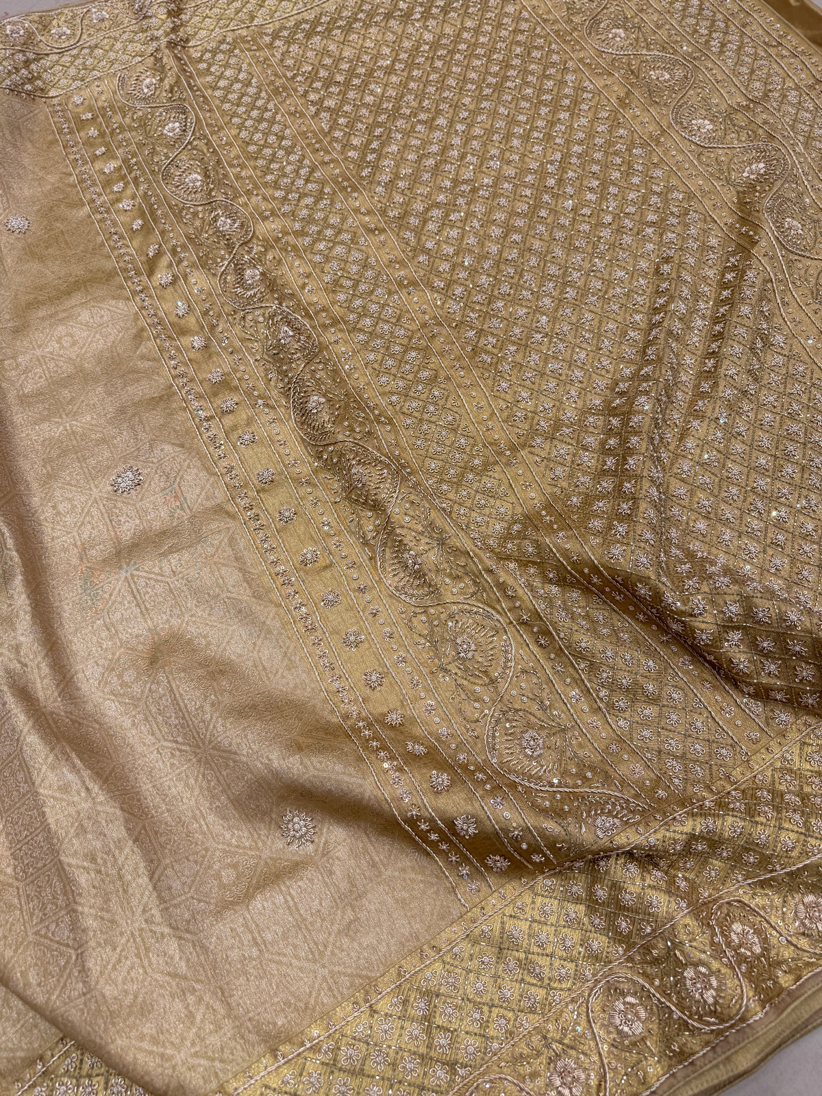 Light Golden Floral Kanjivaram Zardosi Hand Embroidery Saree