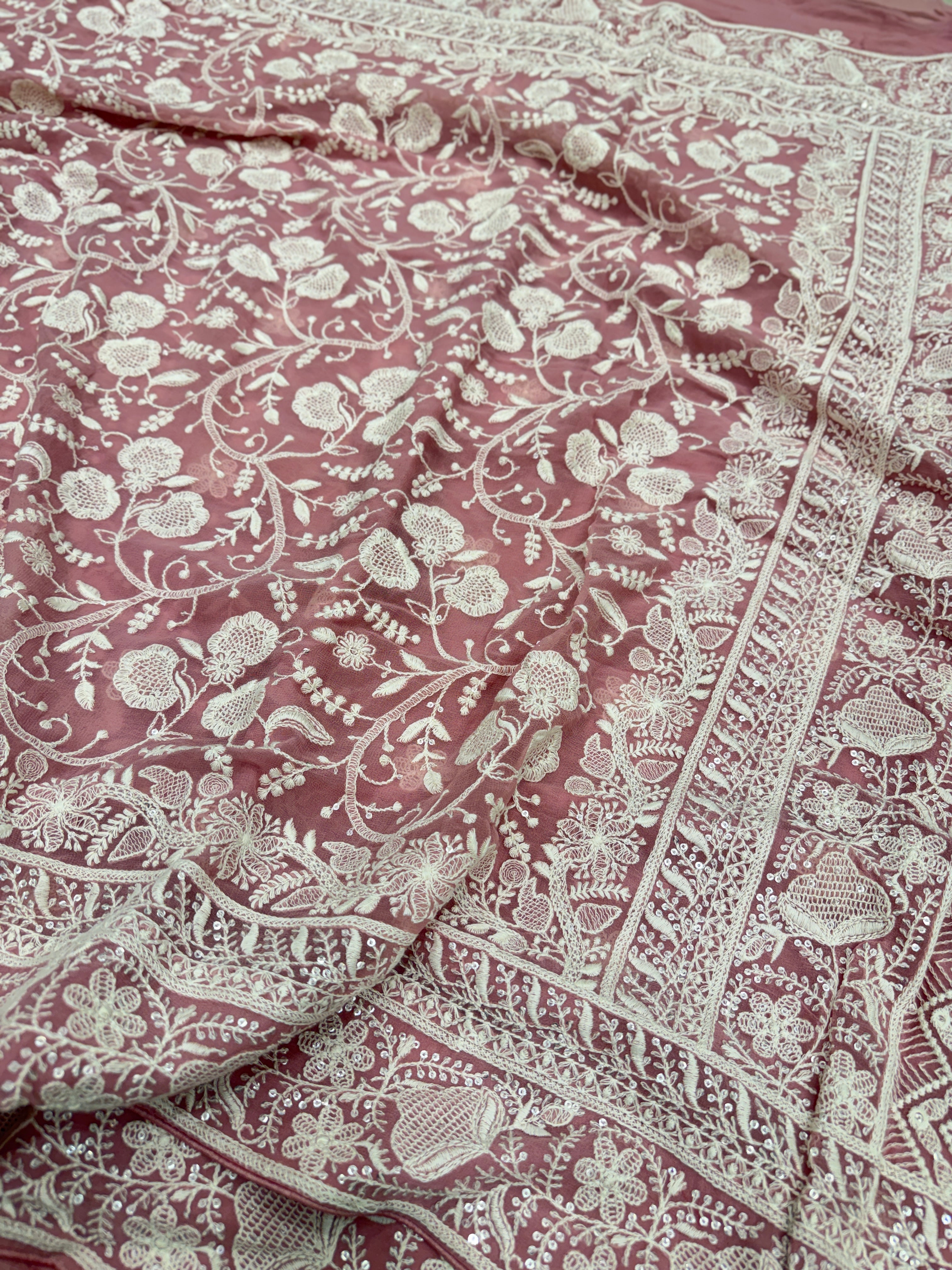 Pink Georgette Chikankari Resham Saree