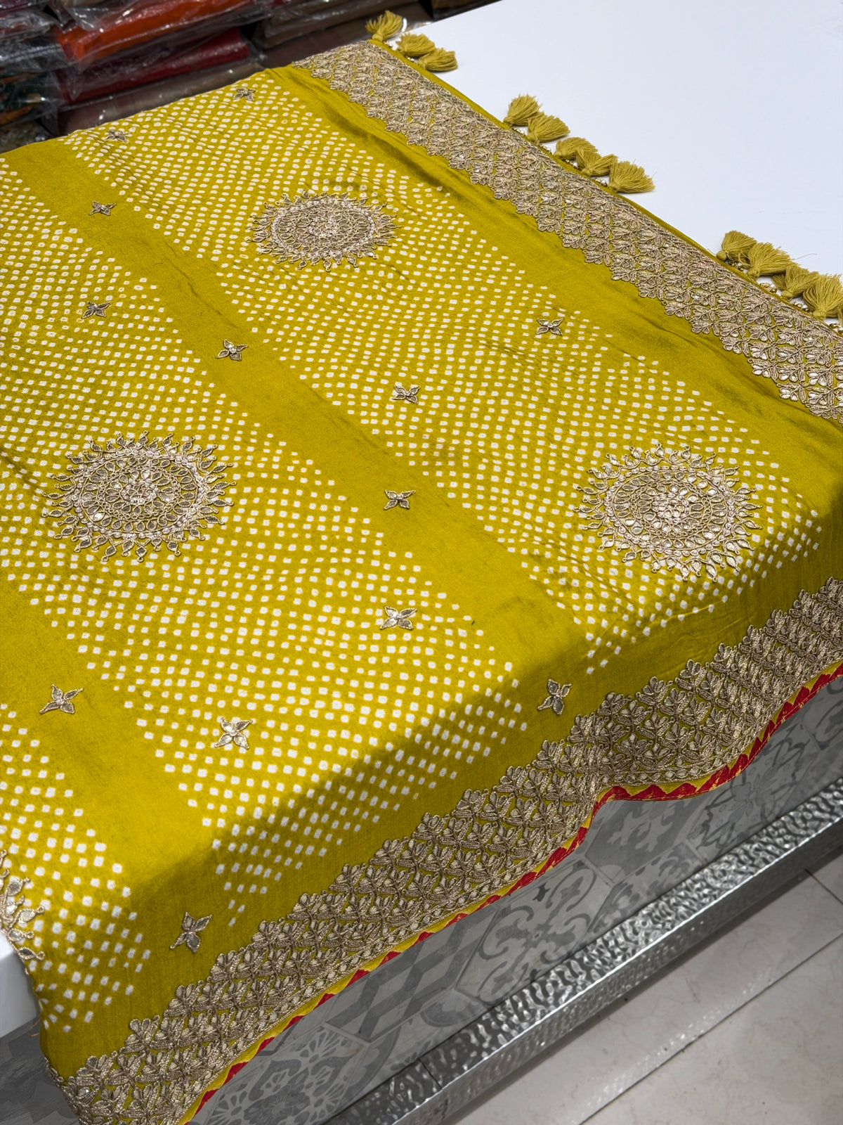 Lime Green Faabiiana Inspired Gajji Silk Rai Bandhej Gotapatti Marodi Hand Embroidery Saree