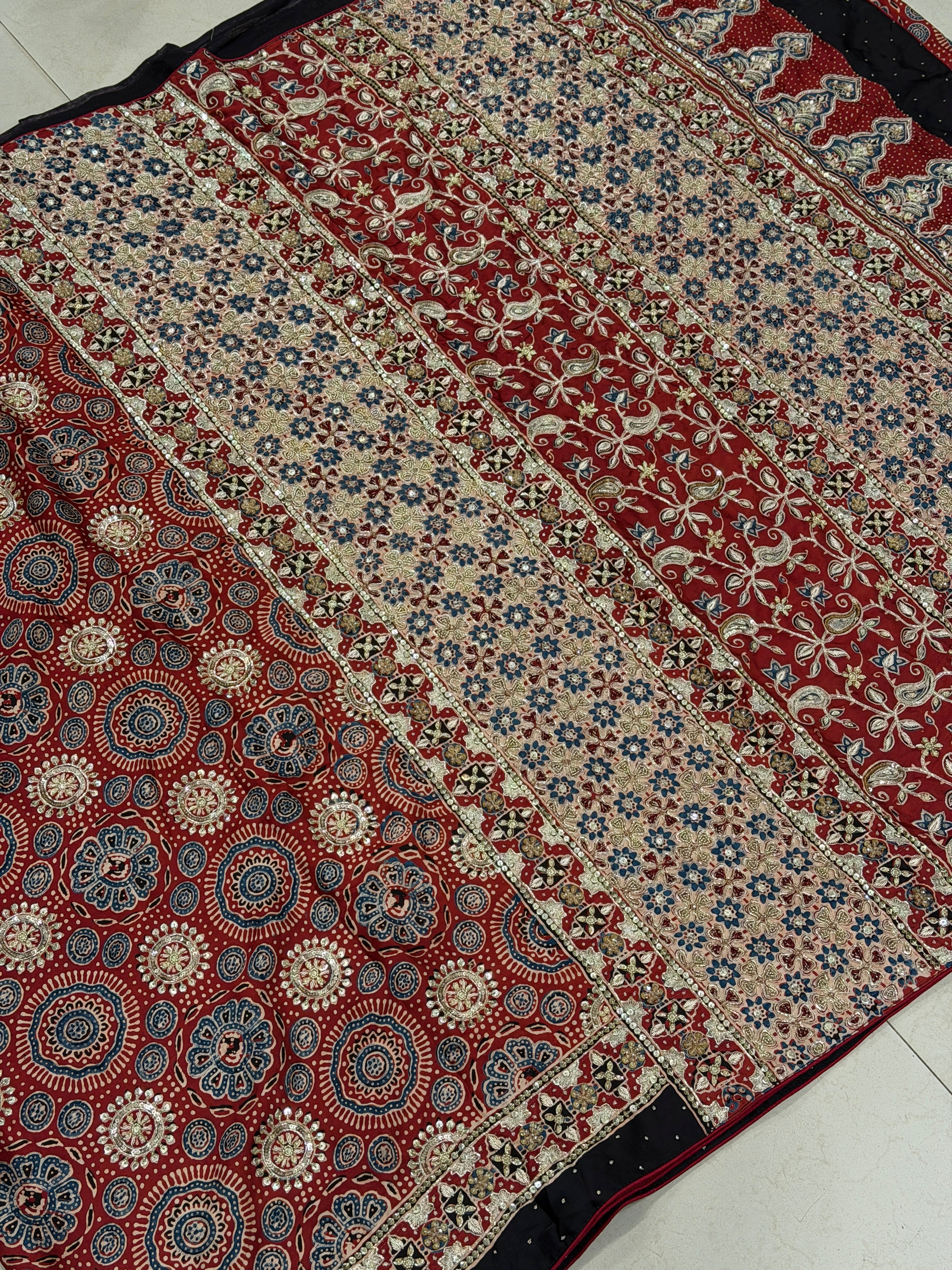 Red Ajrakh Pita Zardosi Ajrakh Hand Embroidery Saree