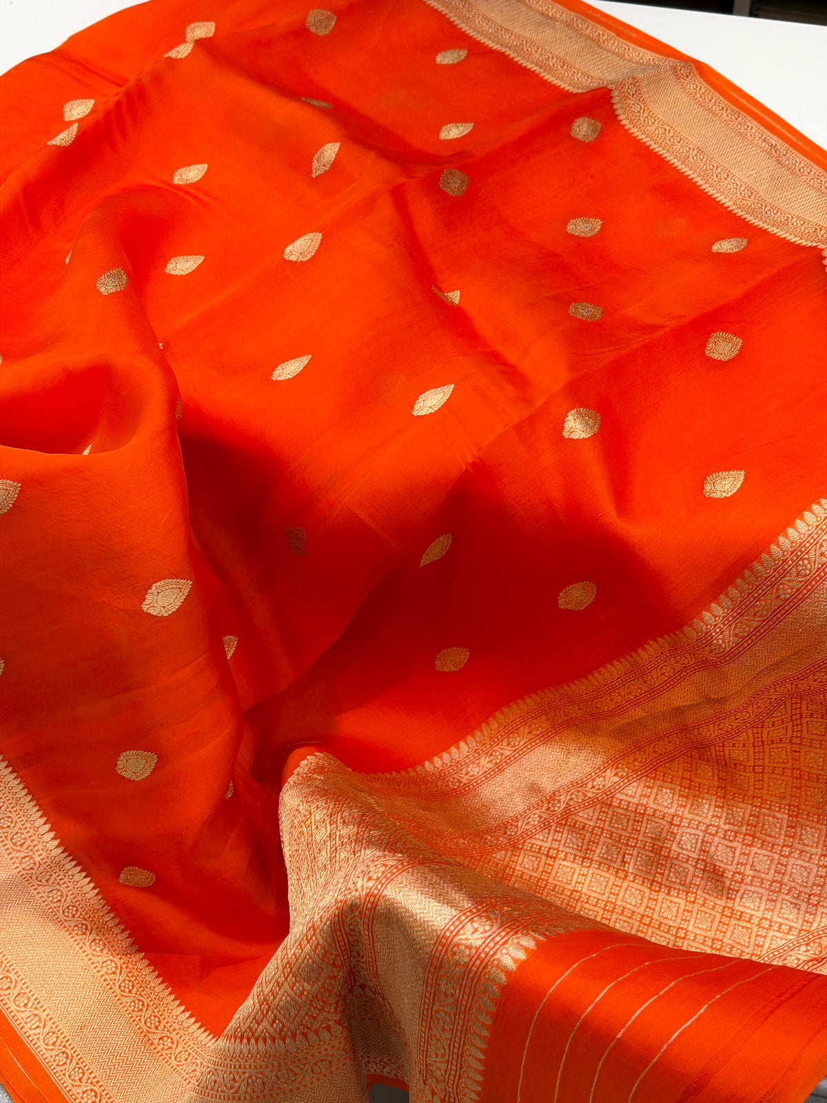 Orange Buttis Handloom Banarasi Kora Silk Saree