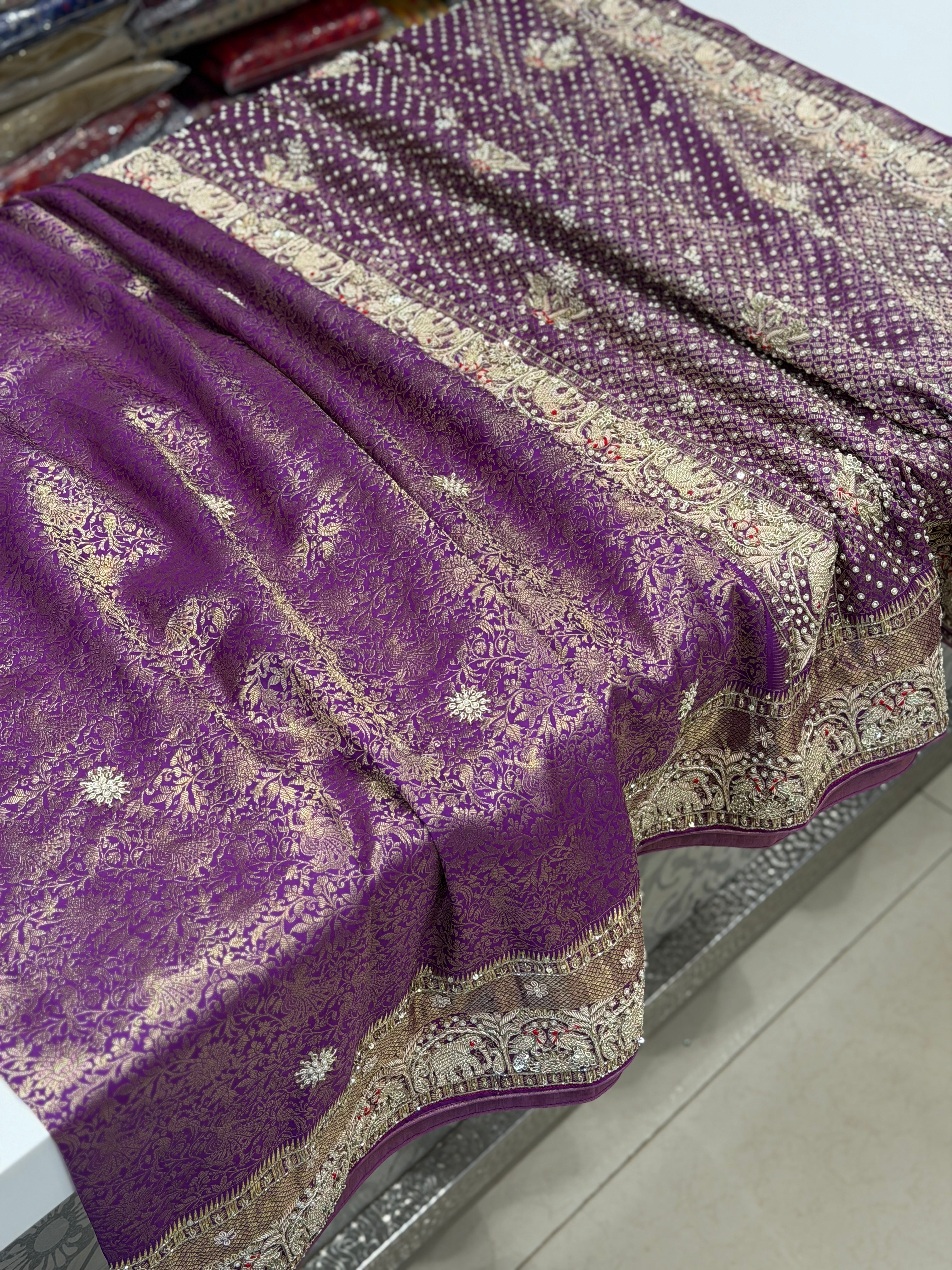 Violet Kanjivaram Elephant Motif Hand Embroidery Zardosi Saree