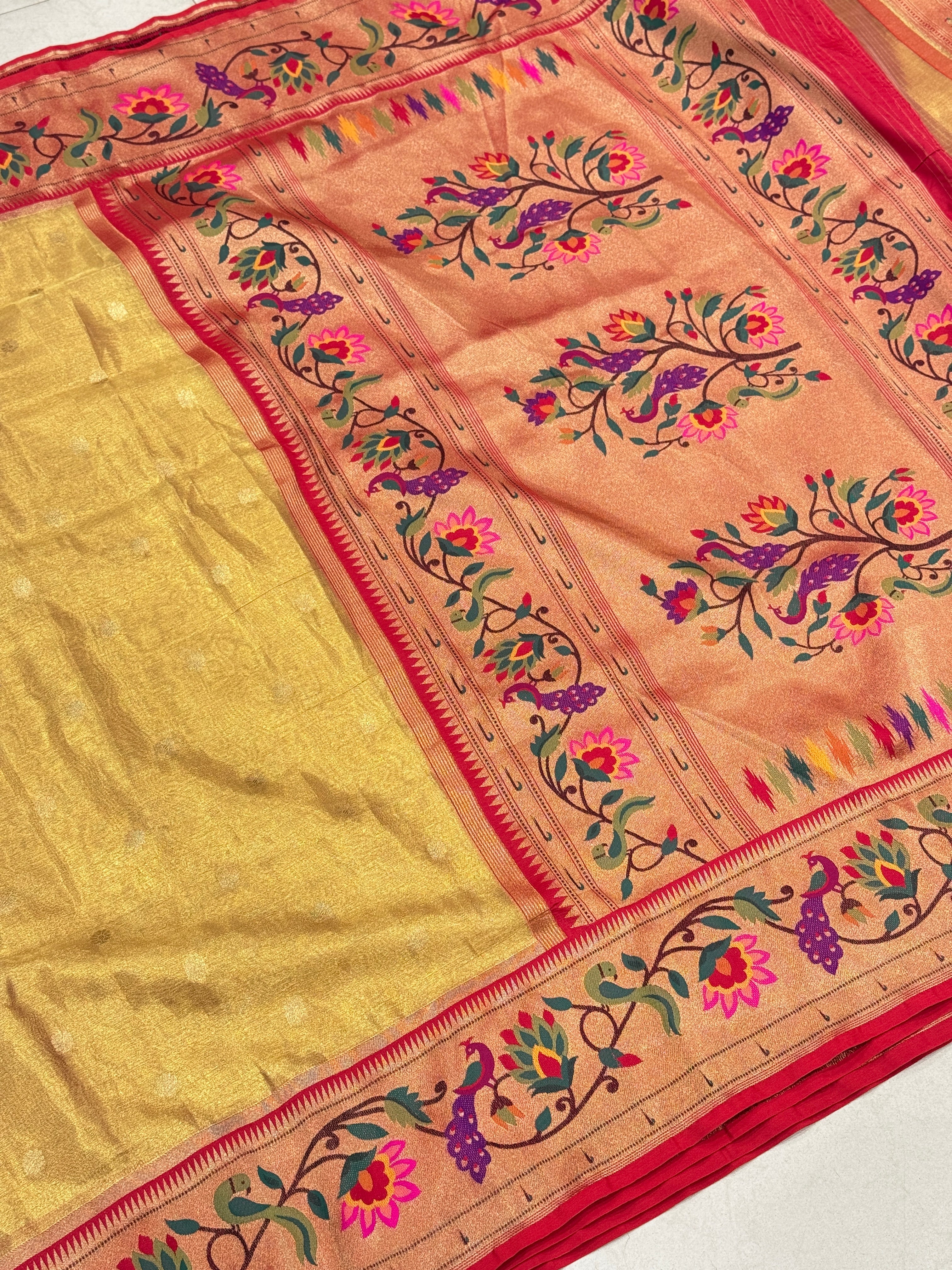 Gold Tissue Paithani Peacock Border