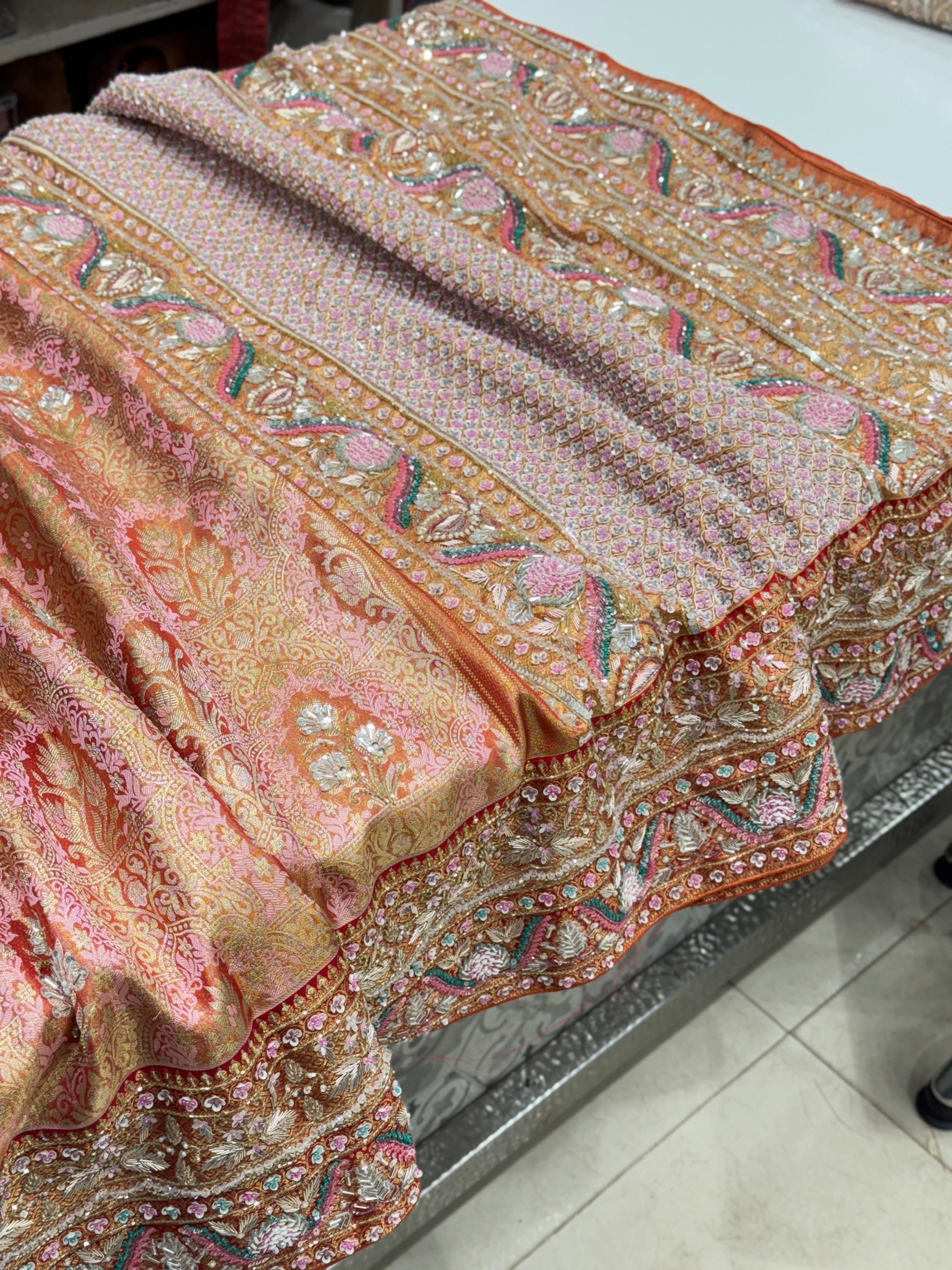 Pink Red Jaal Tissue Kanjivaram Hand Embroidery Saree