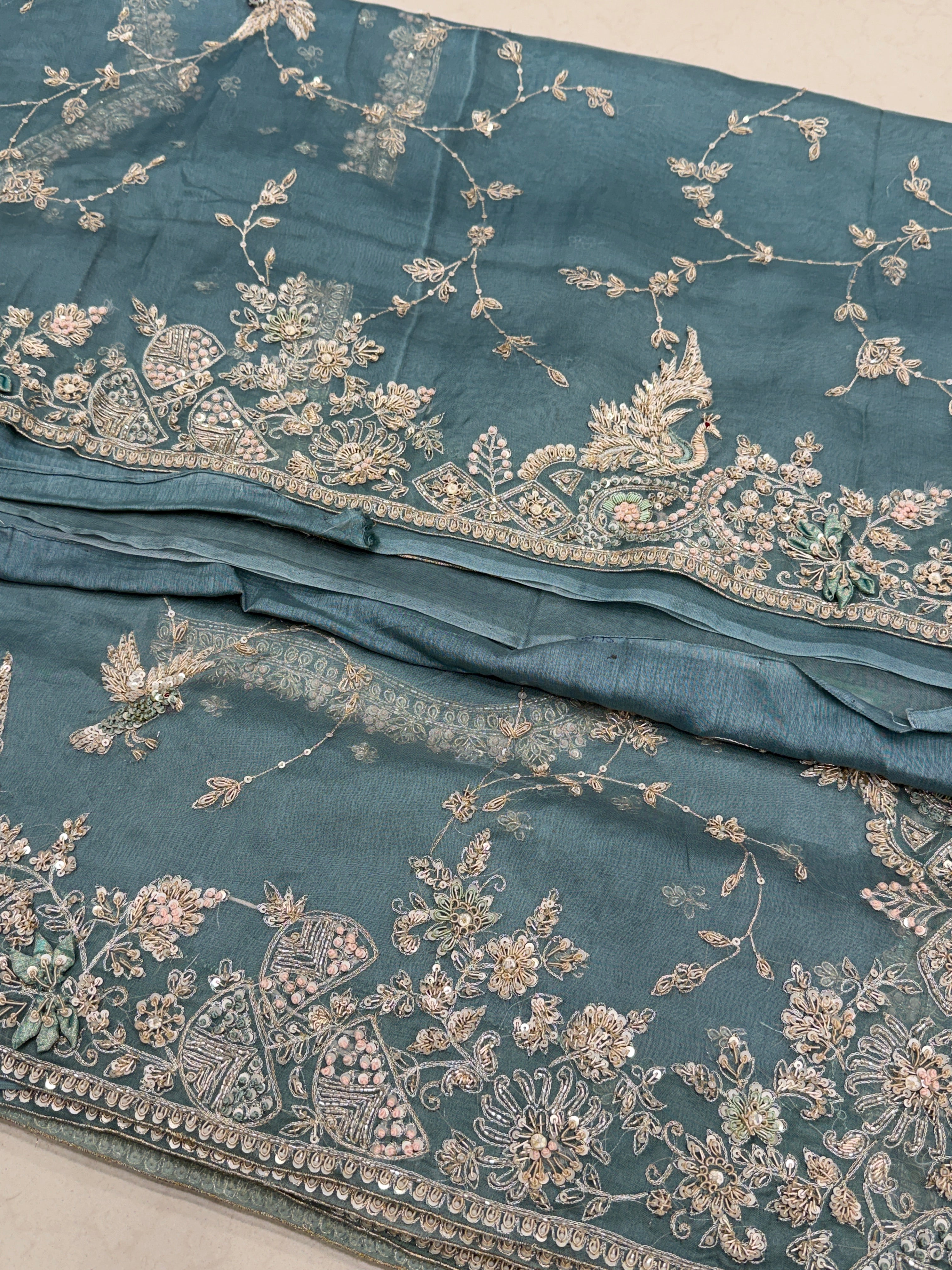 Sea Green Organza Zardosi Peacock Flying Bird Jaal Hand Embroidery Saree