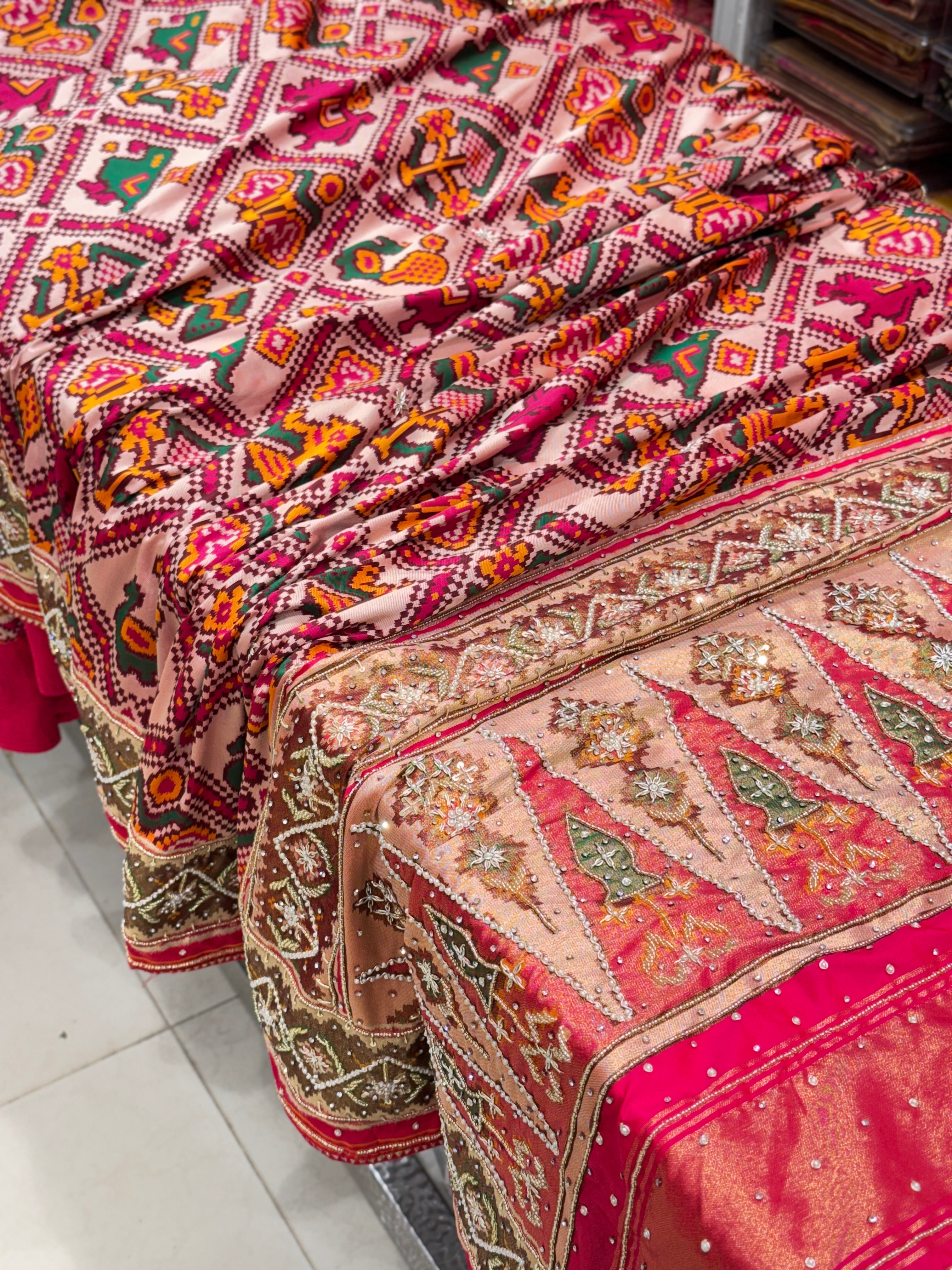 Rani Patola Rajkoti Style Weaved Hand Embroidery Saree