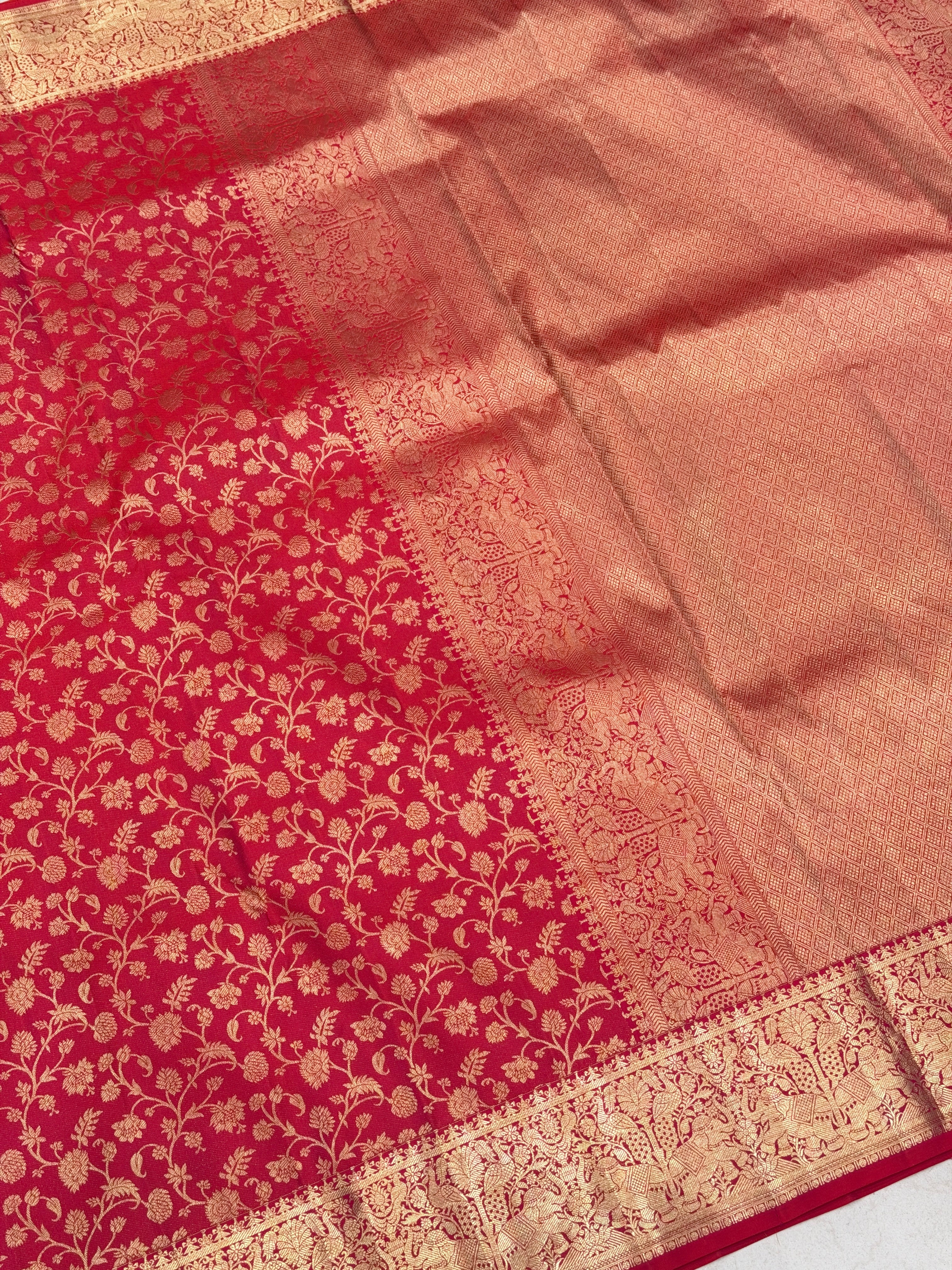 Cross Red Pure Silk Elephant Motif Kanjivaram Saree