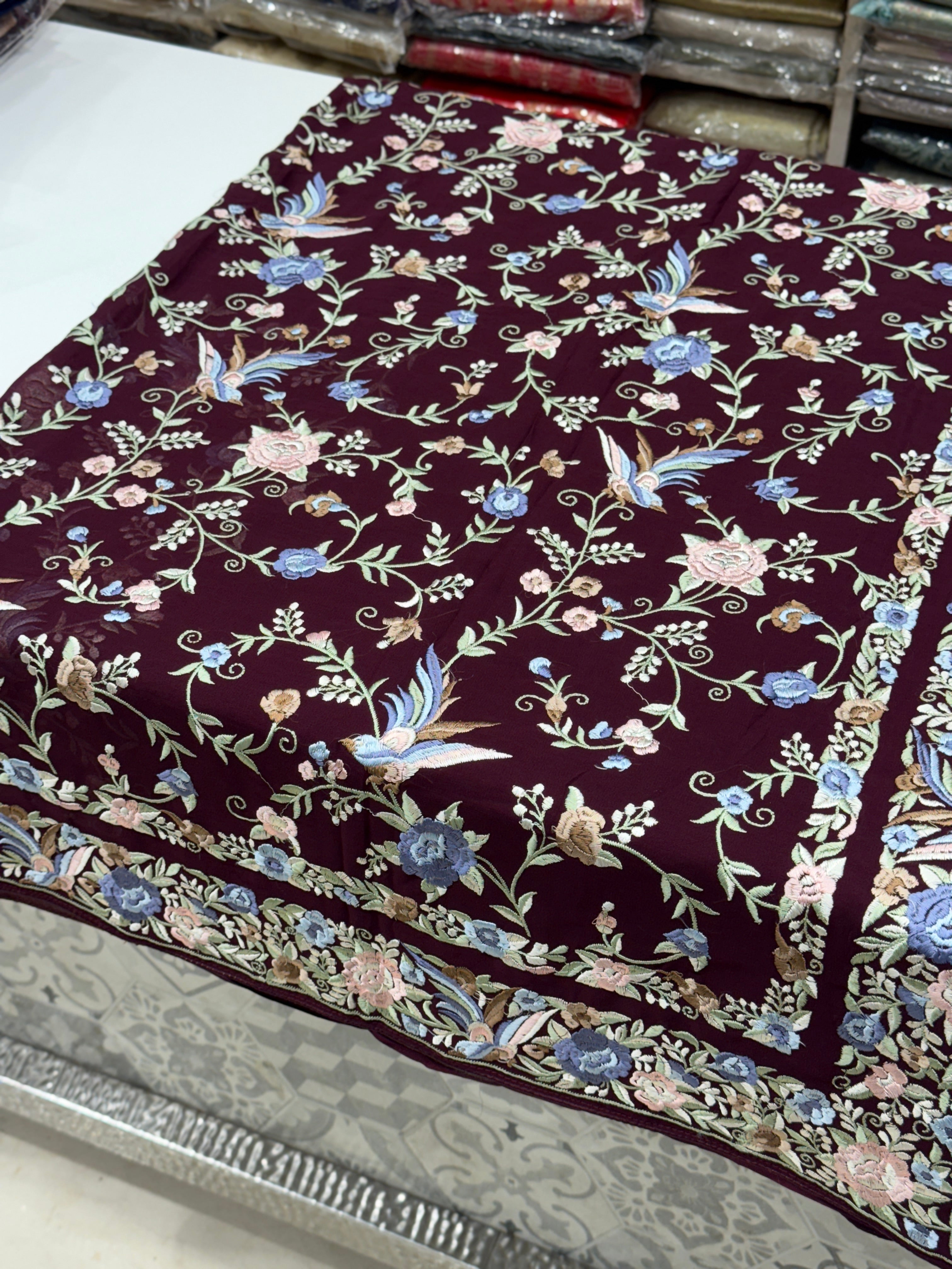 Wine Double Border Embroidery Parsi Gara Saree