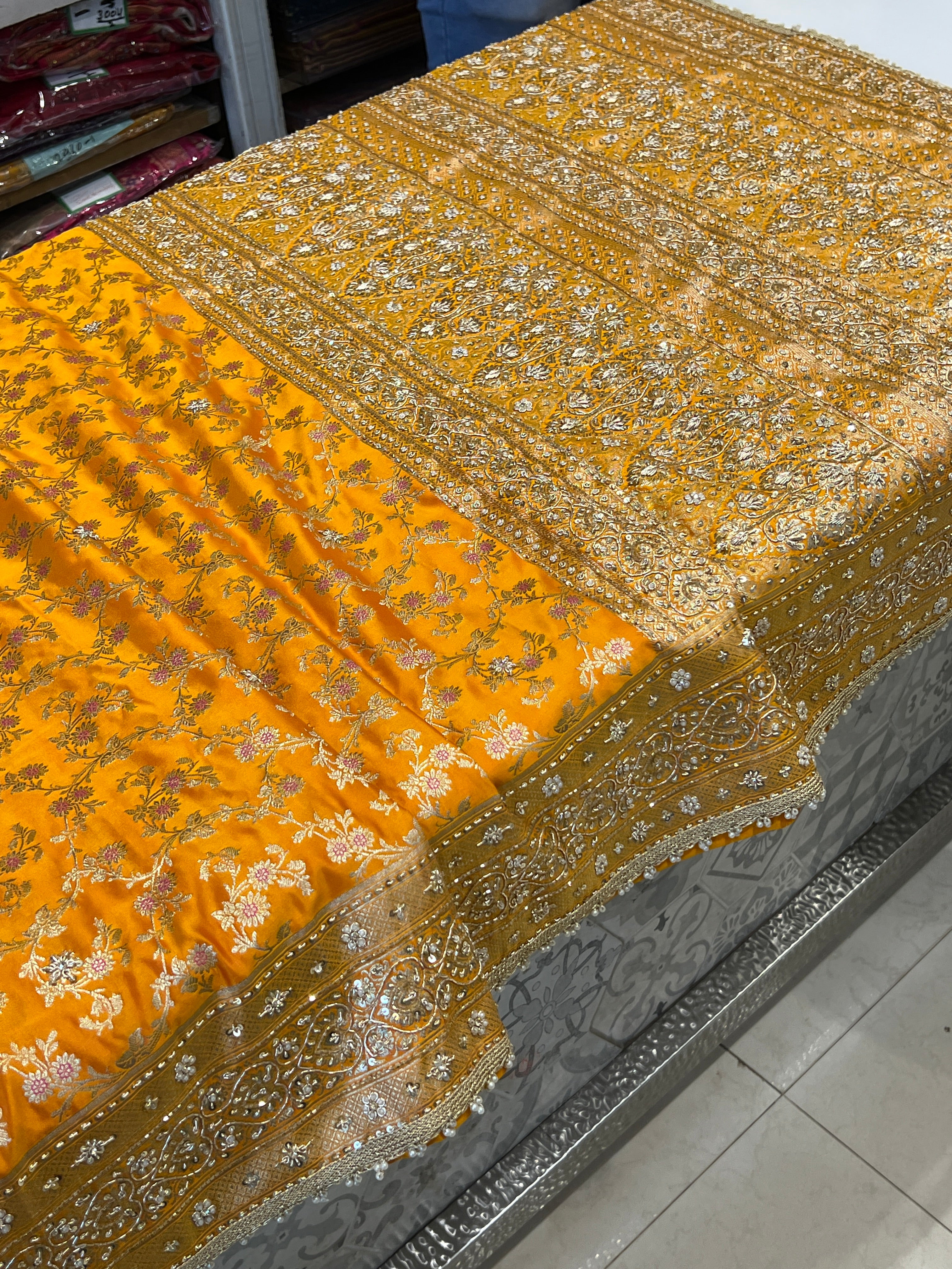 Mango Yellow Banarasi Heart Border Hand Embroidery Saree