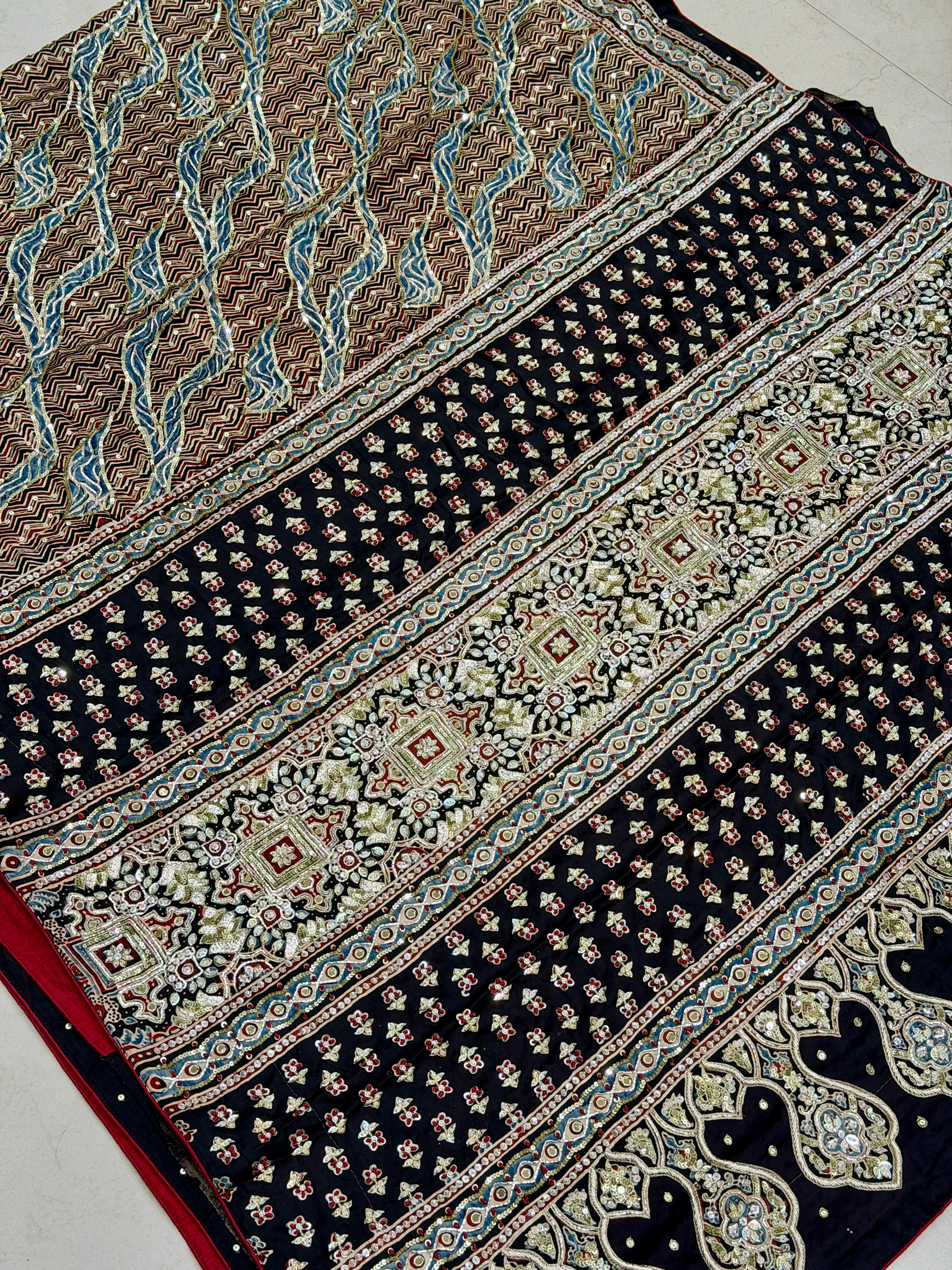 Black Abstract Jaal Pita Zardosi Sequin Ajrakh Hand Embroidery Saree