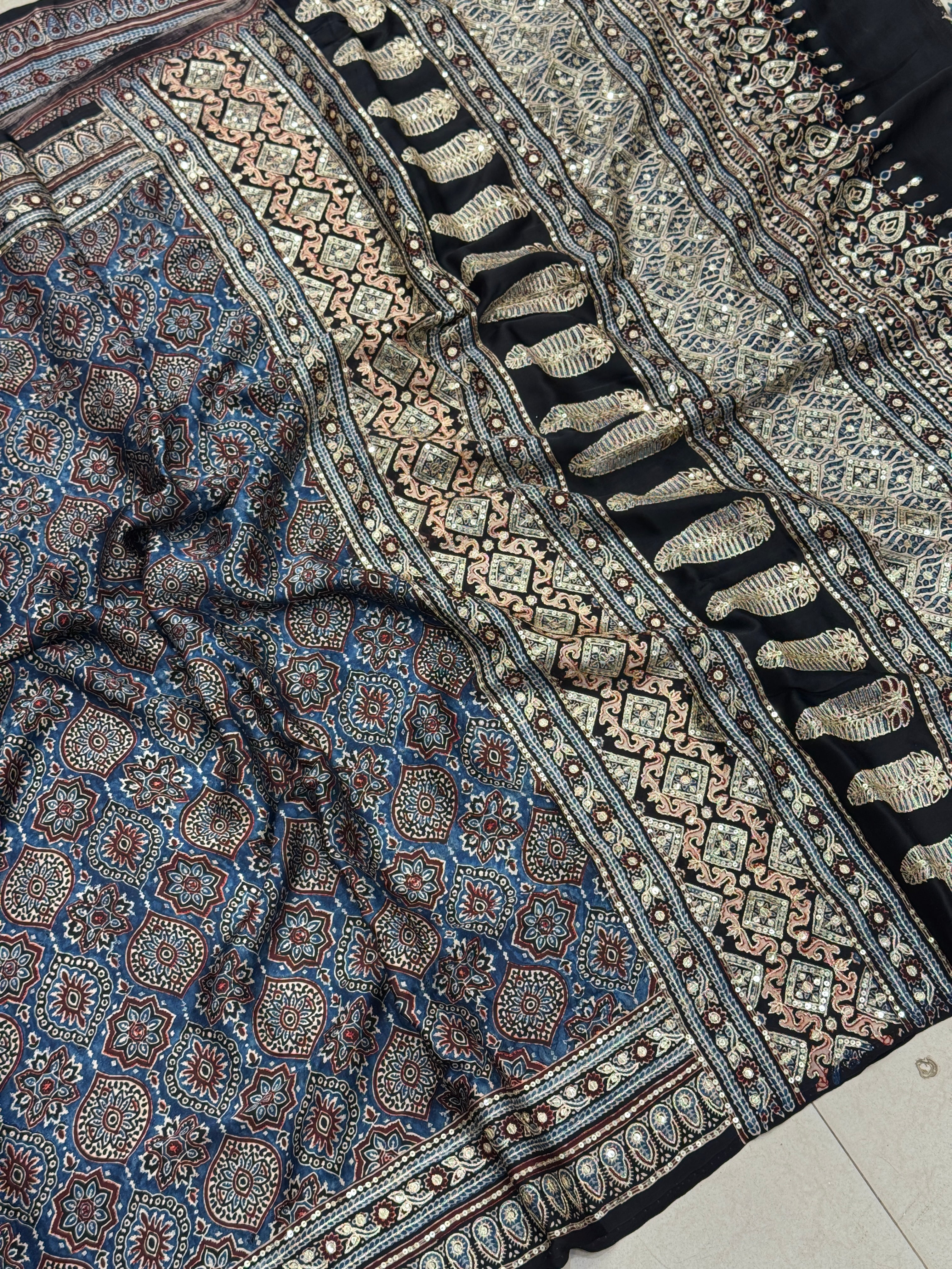 Blue Badam Jaal Pita Sequin Ajrakh Hand Embroidery Saree