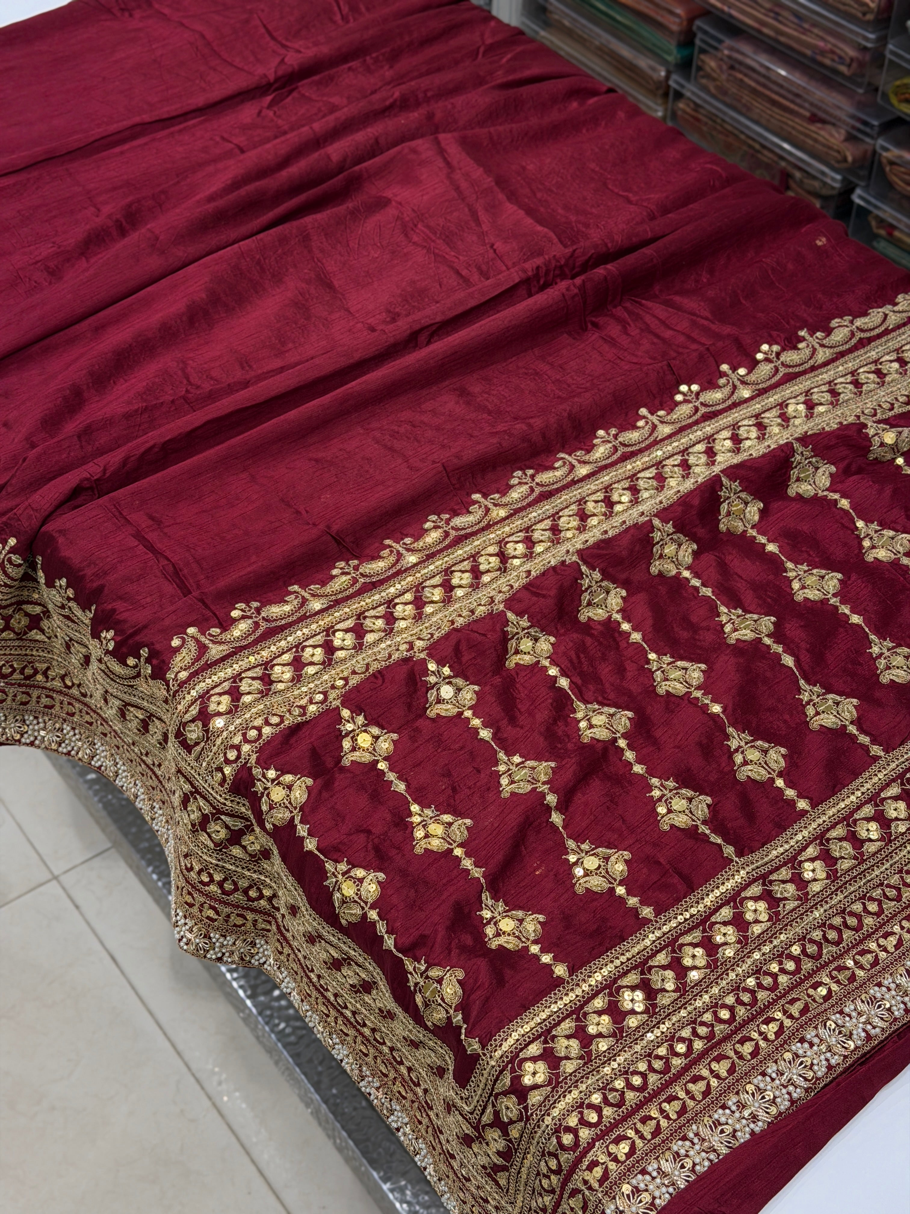 Maroon Pure Silk Sabyasachi Inspired Marodi Sequin Jaal Pallu Saree