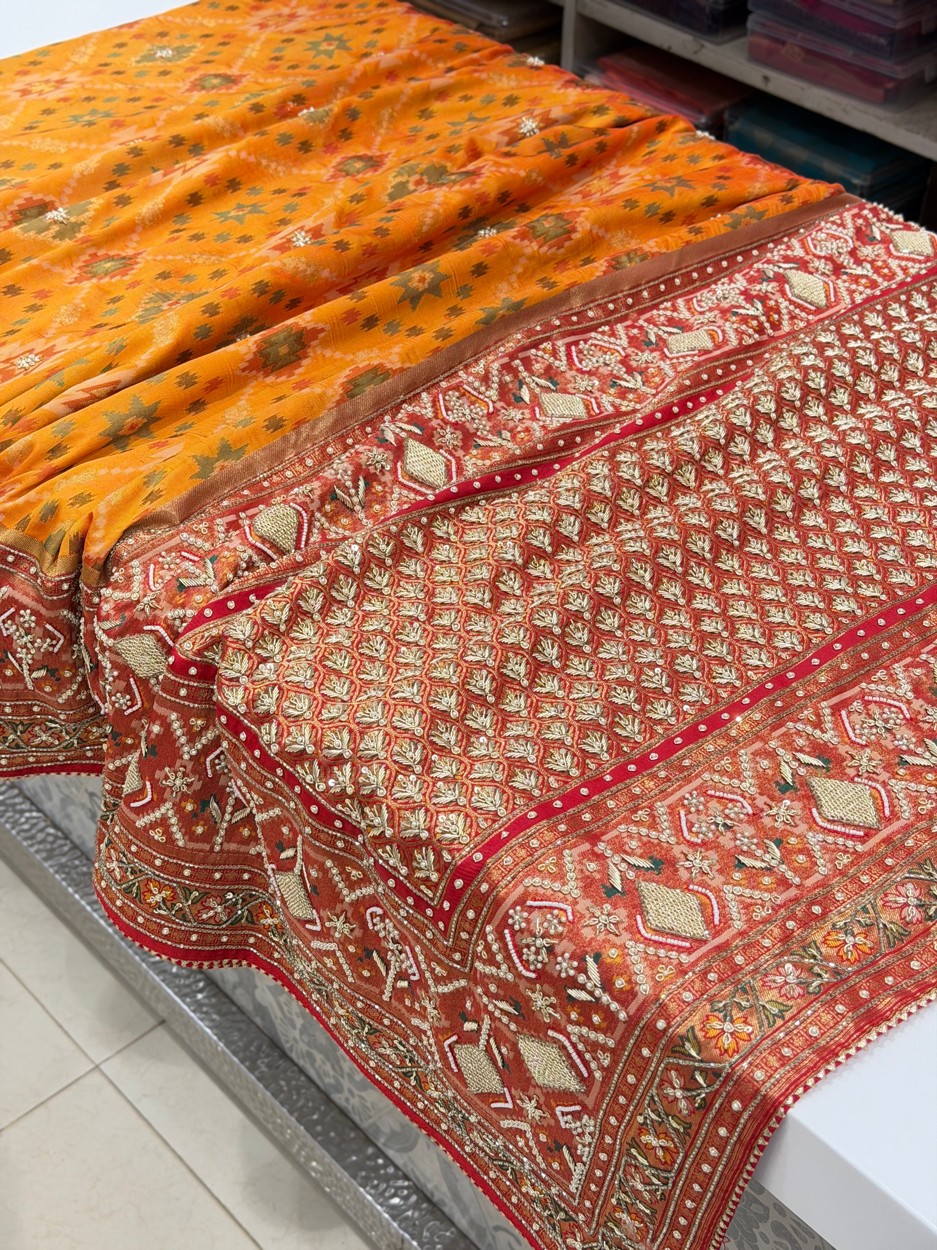Rust Orange Big Jaal Patola Zardosi Hand Embroidery Saree
