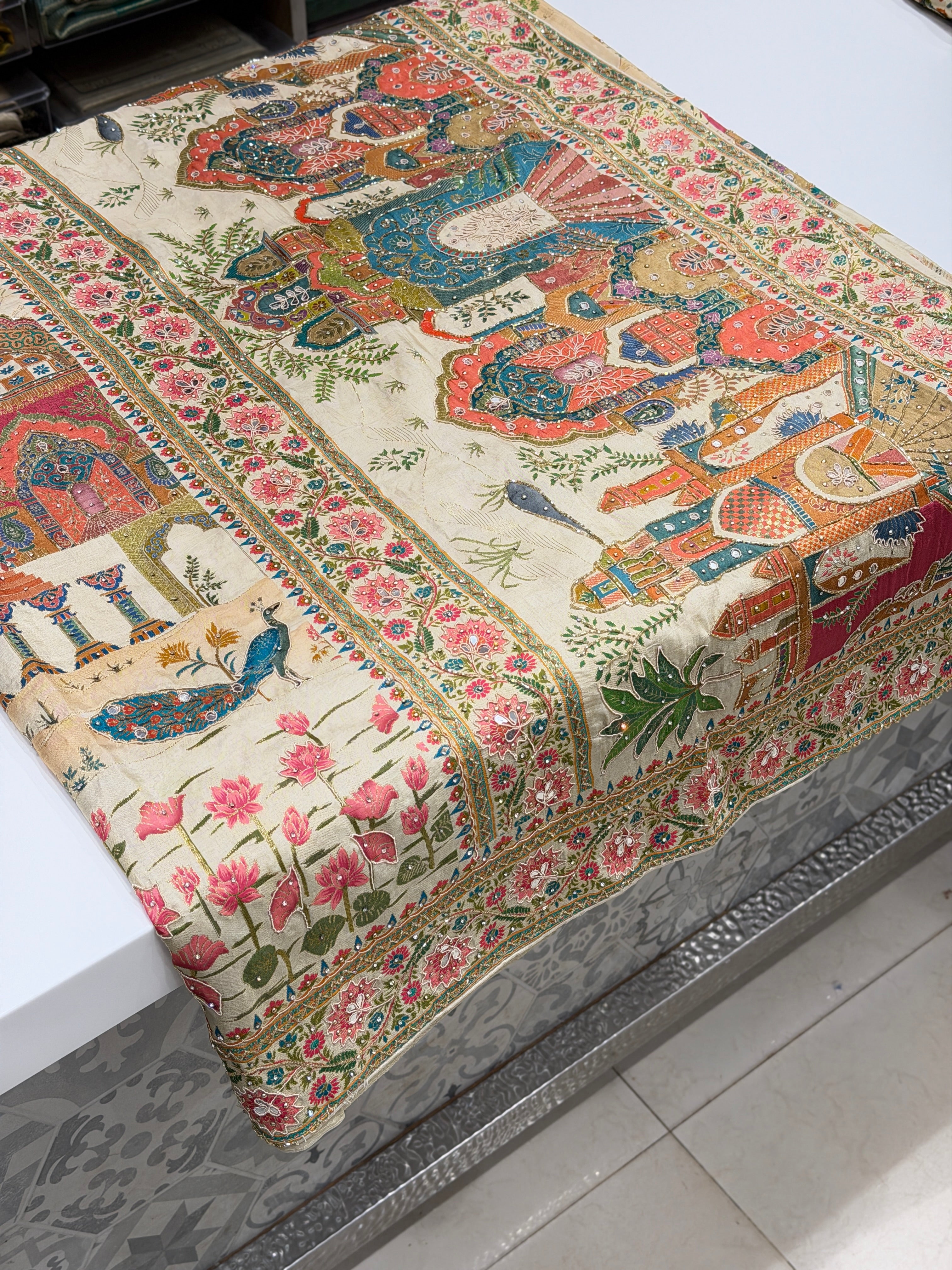 Beige Palace Landscape Hand Embroidery Pashmina Saree