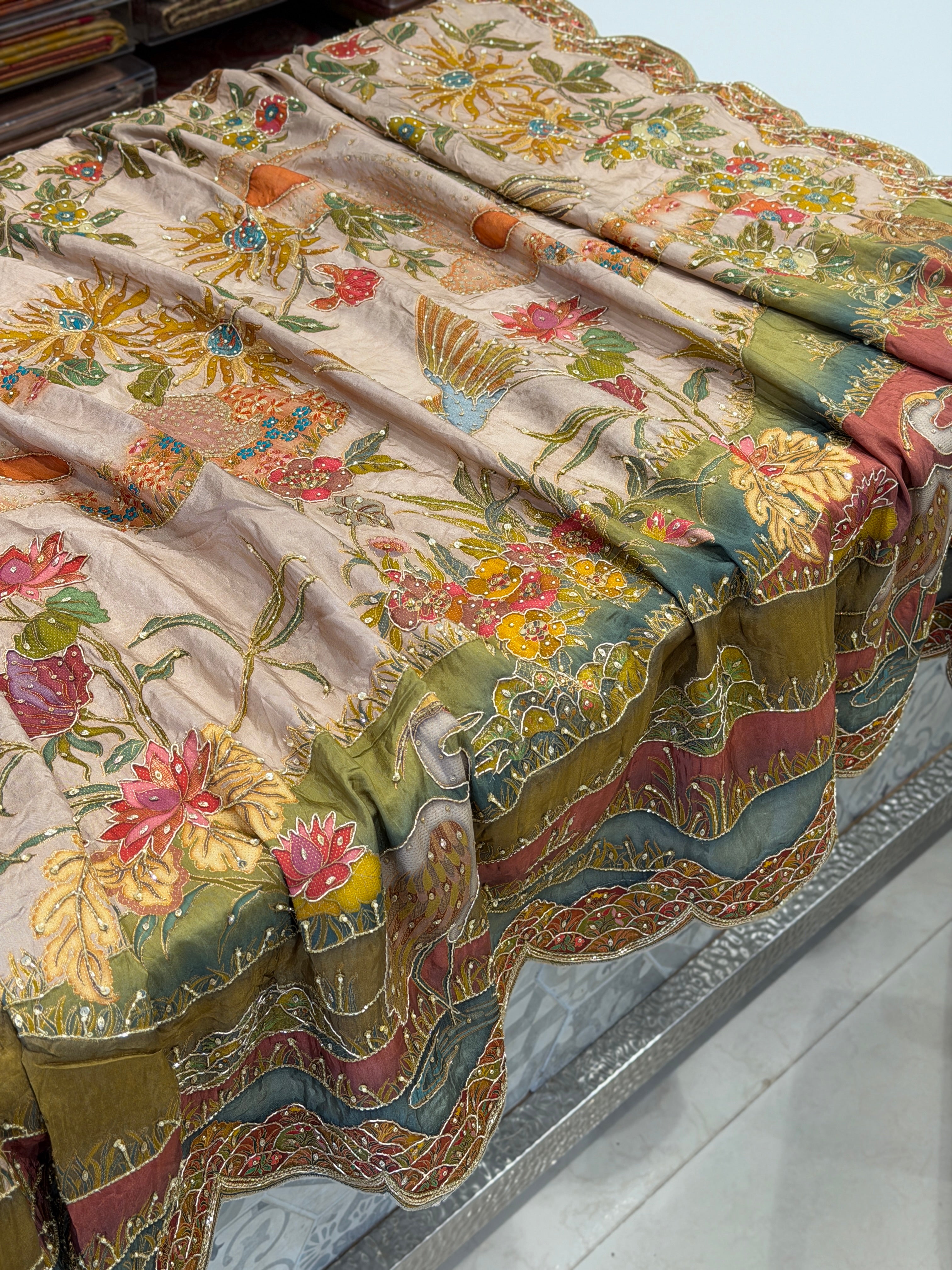 Champagne Munga Landscape Hand Embroidery Saree