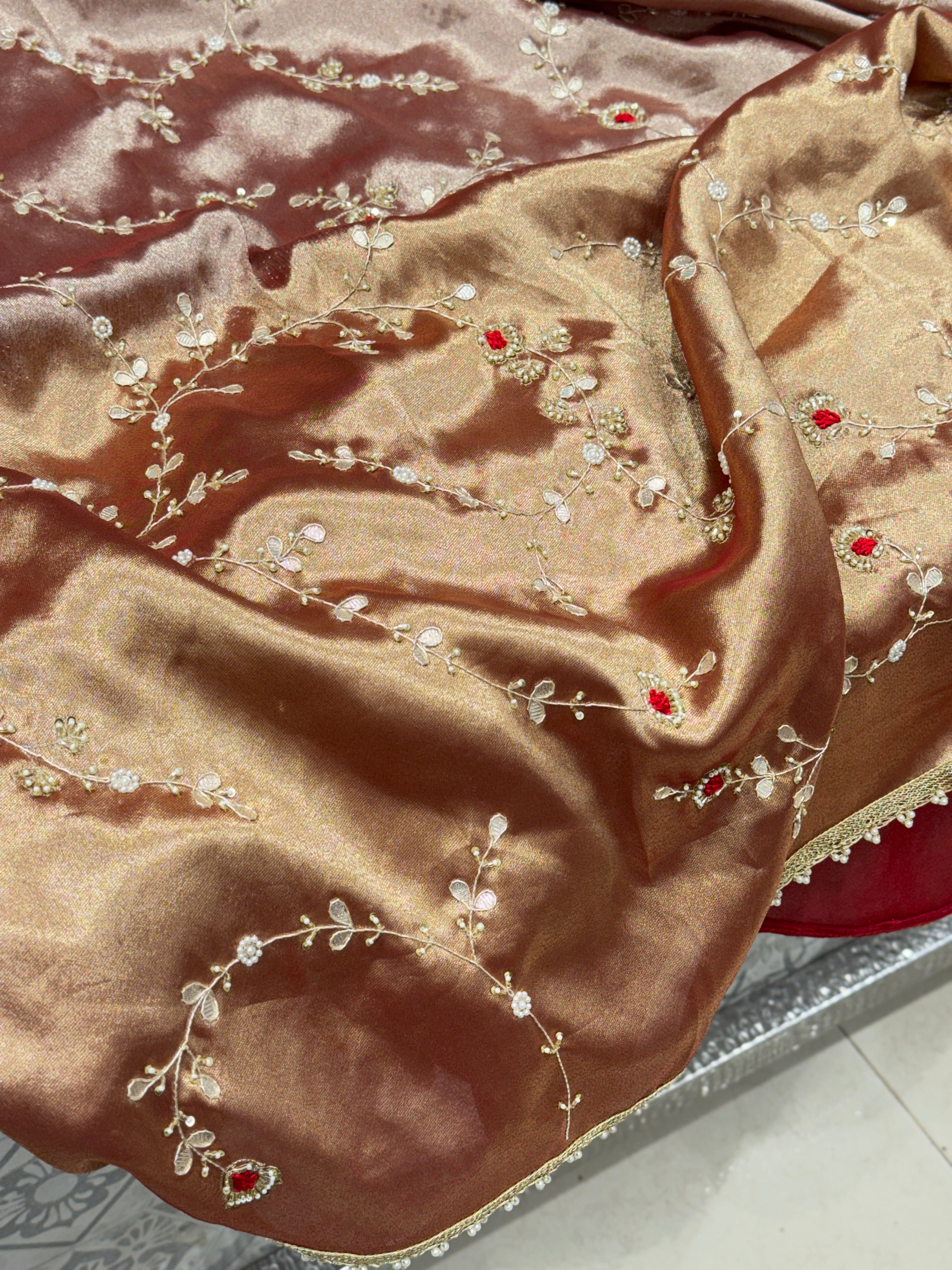 Red Tissue Zardosi Gota Resham Hand Embroidery Jaal Saree