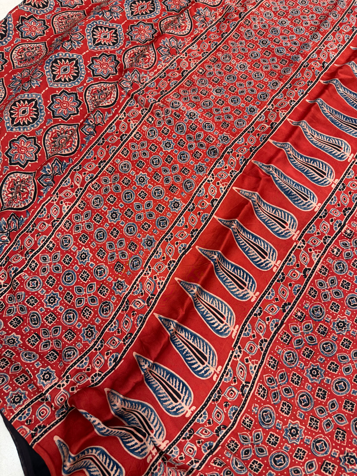 Red Badam Butta Jaal Ajrakh Hand Block Print Pure Gajji Silk Saree