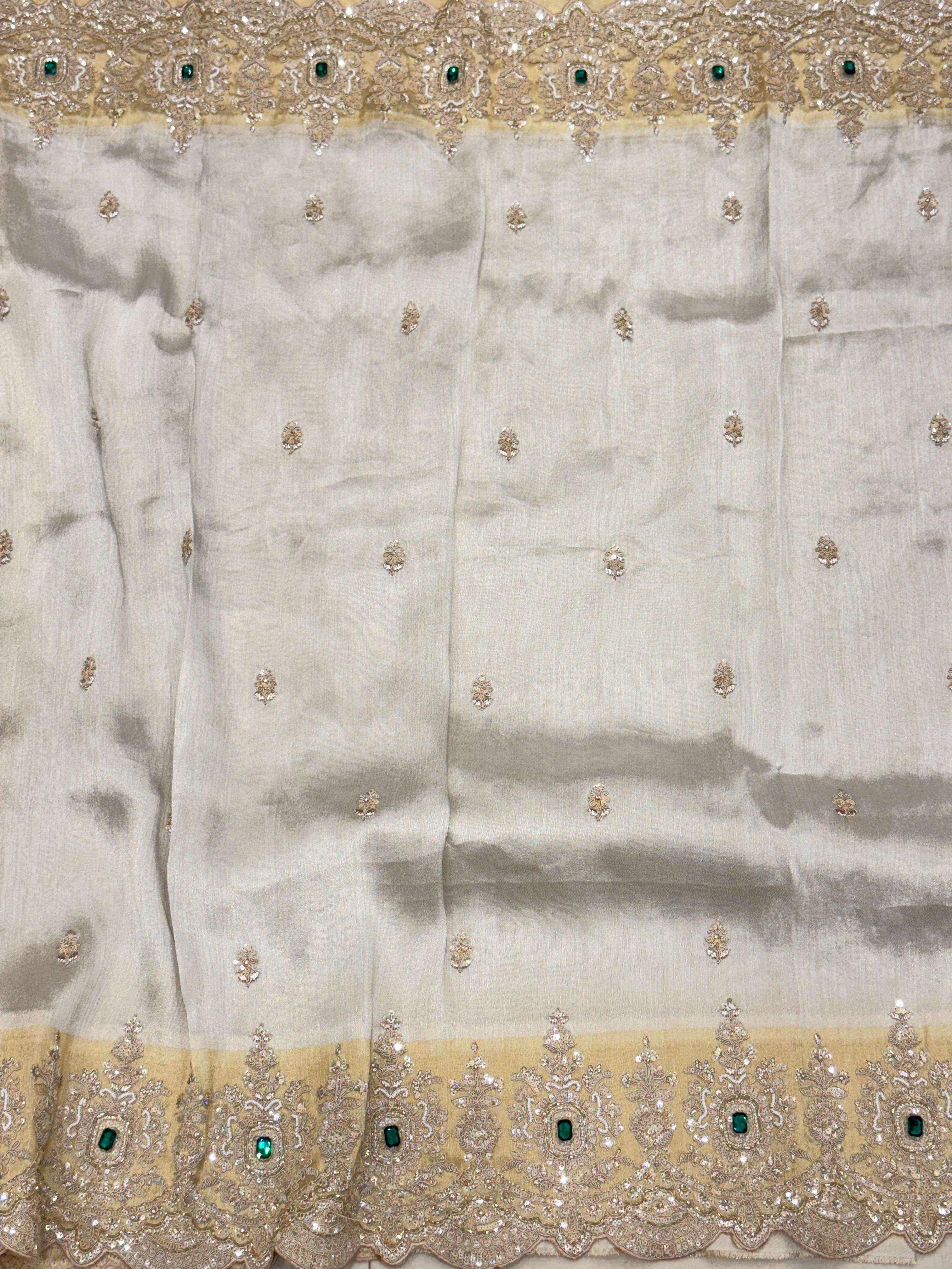 Golden Silver Soft Tissue Moti Crystal Embroidery Saree
