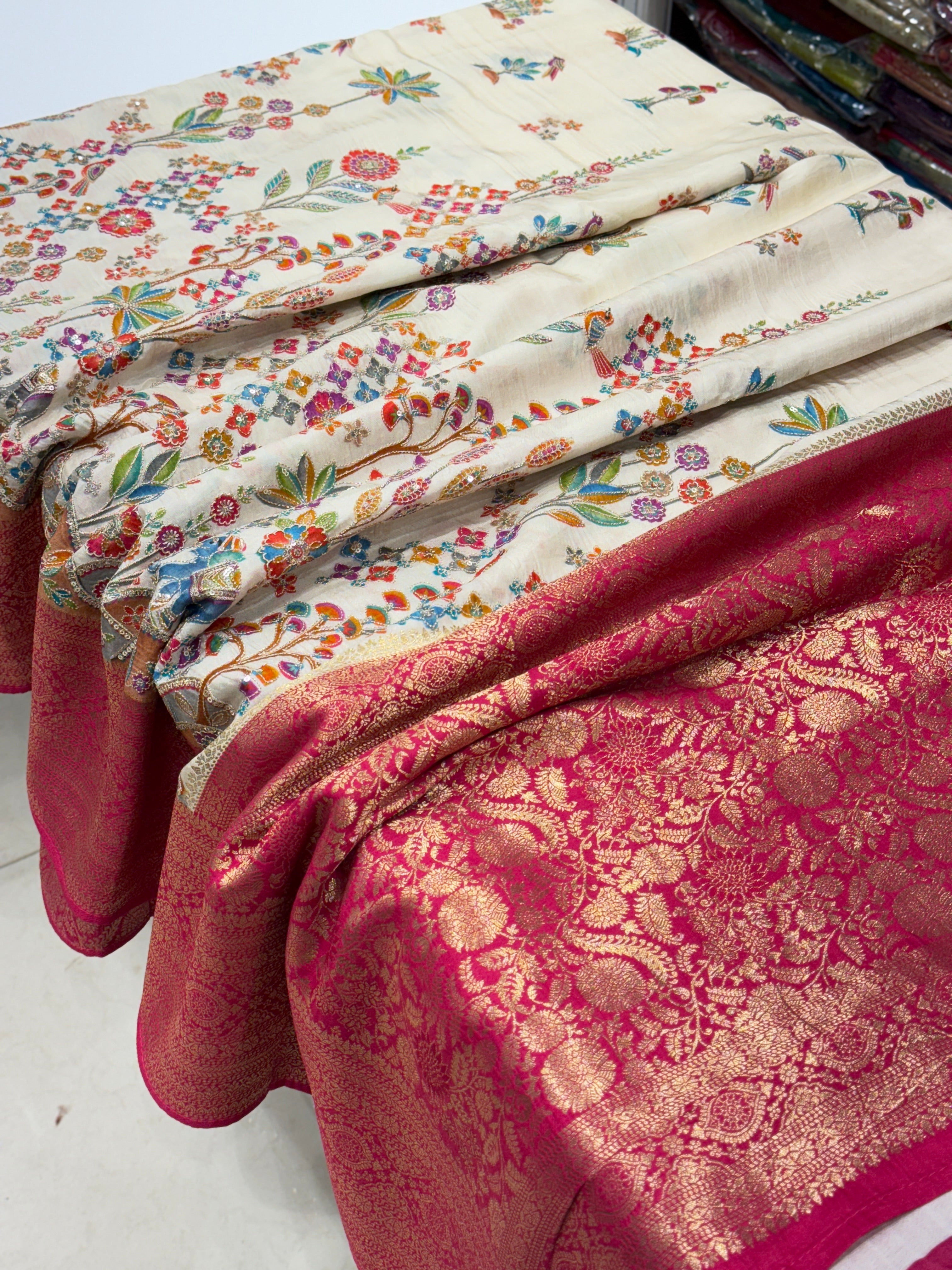 Beige Banarasi Munga With Pita Embroidery