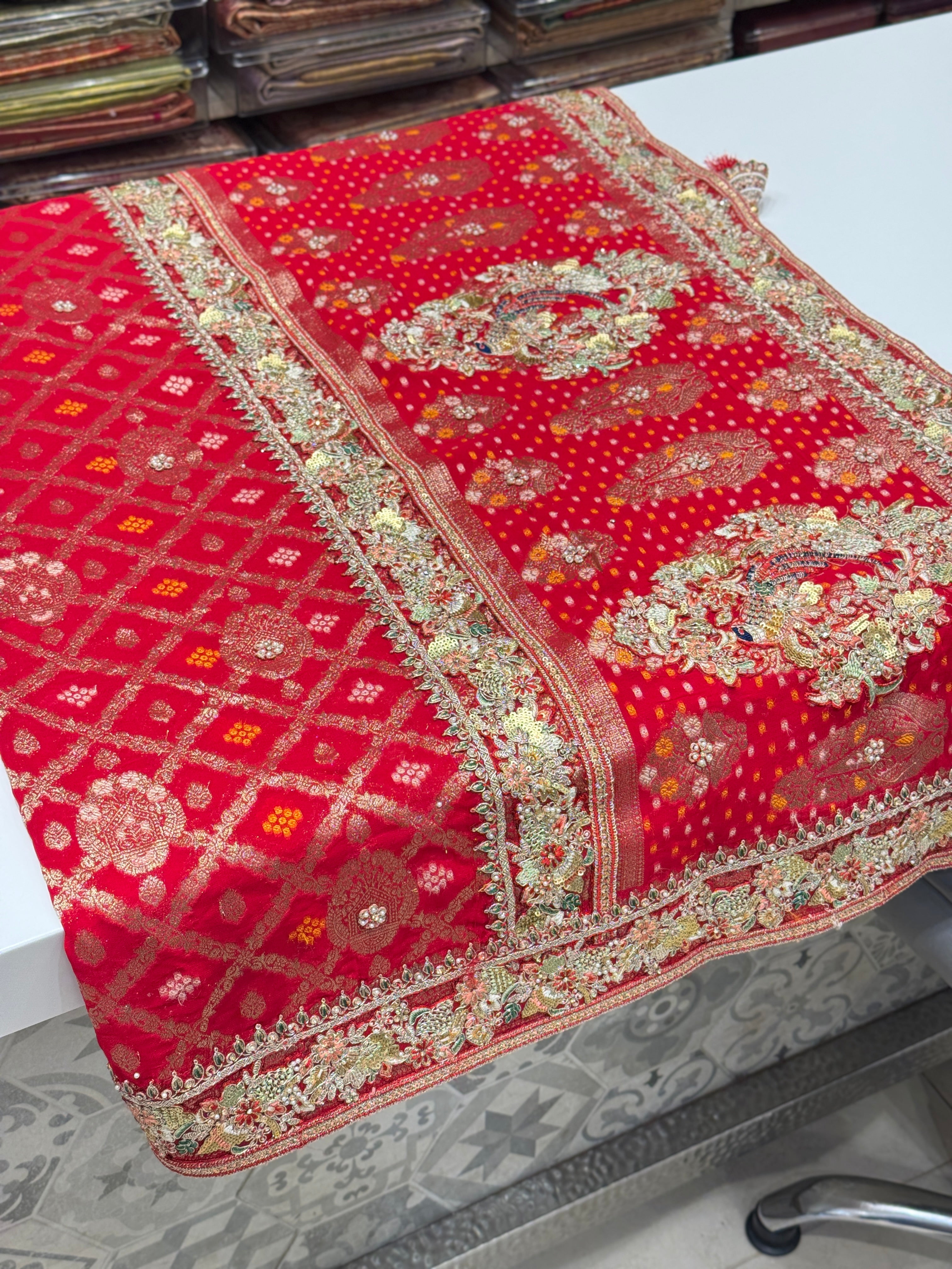 Red Gharchola Floral Embroidered Border Saree