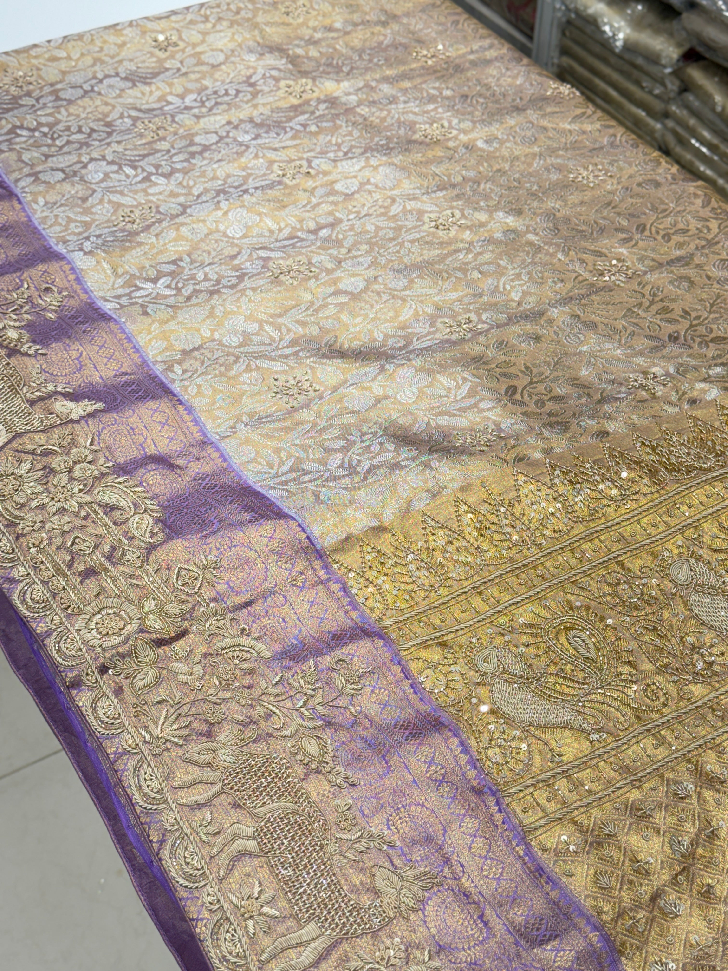 Lilac Kanjivaram Zardosi Figure Hand Embroidery Saree