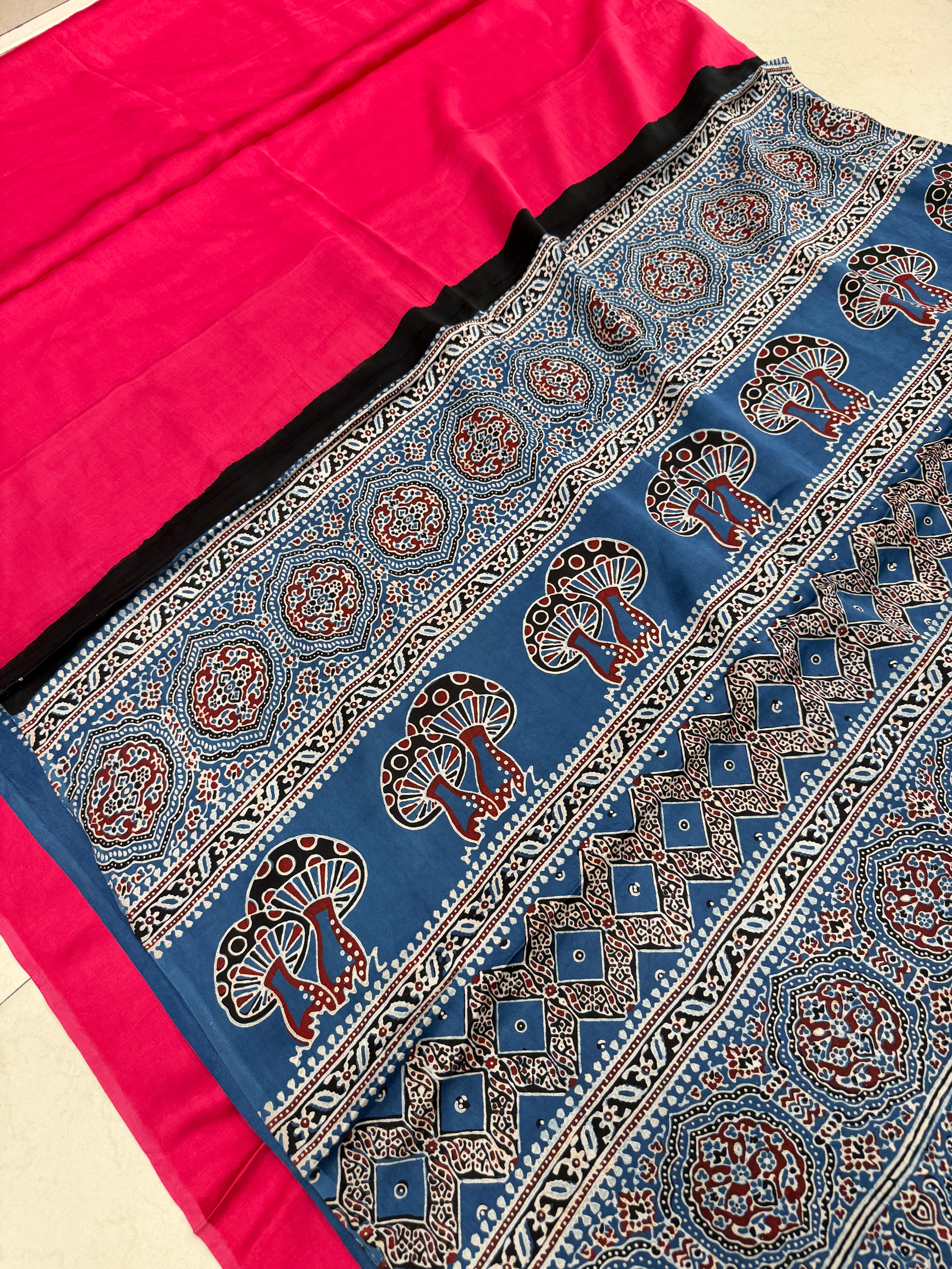 Rani Gala Ajrakh Block Print Hand Pure Gajji Silk Saree