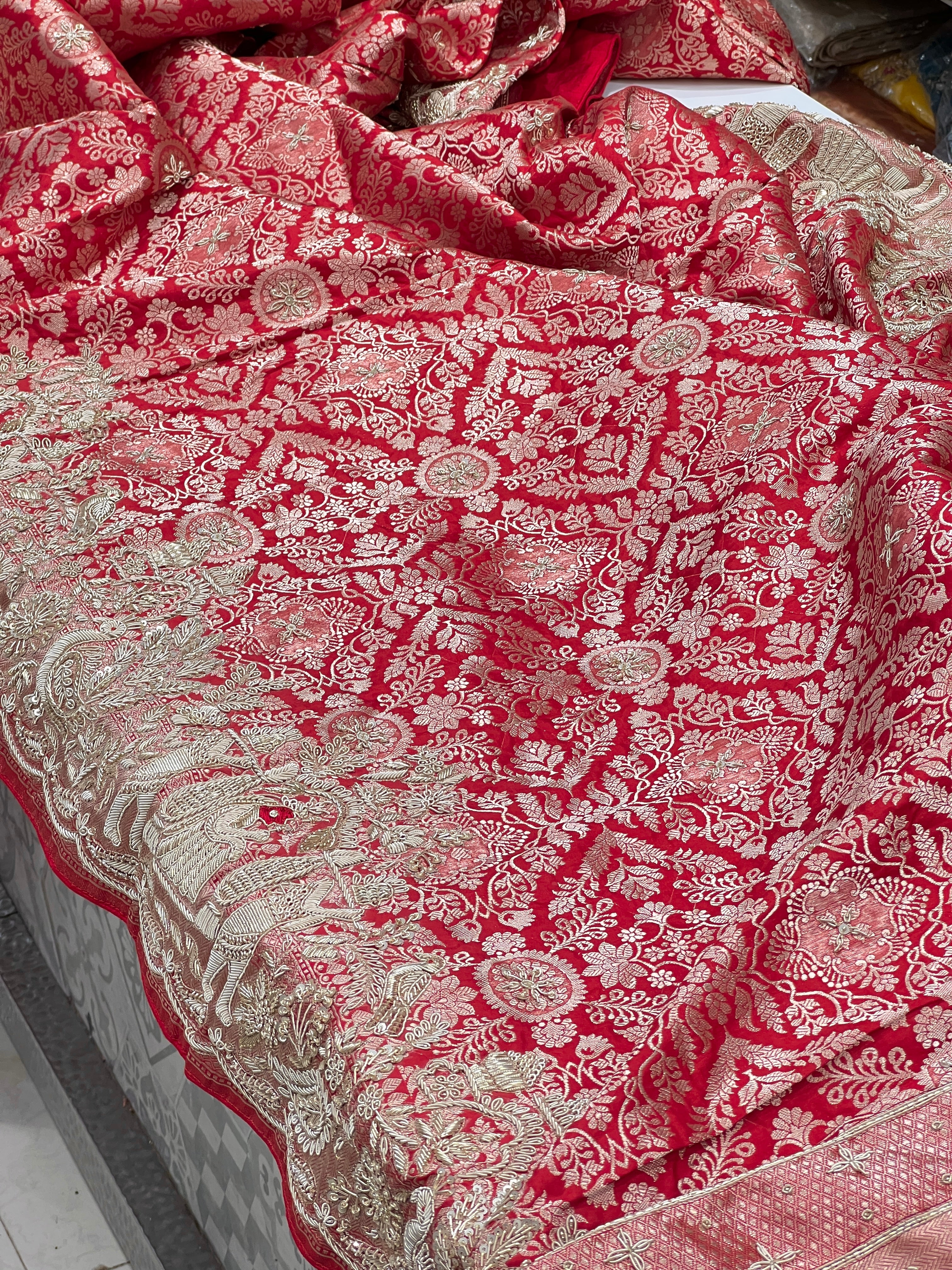 Red Banarasi Katan Doli Edit Zardosi Saree