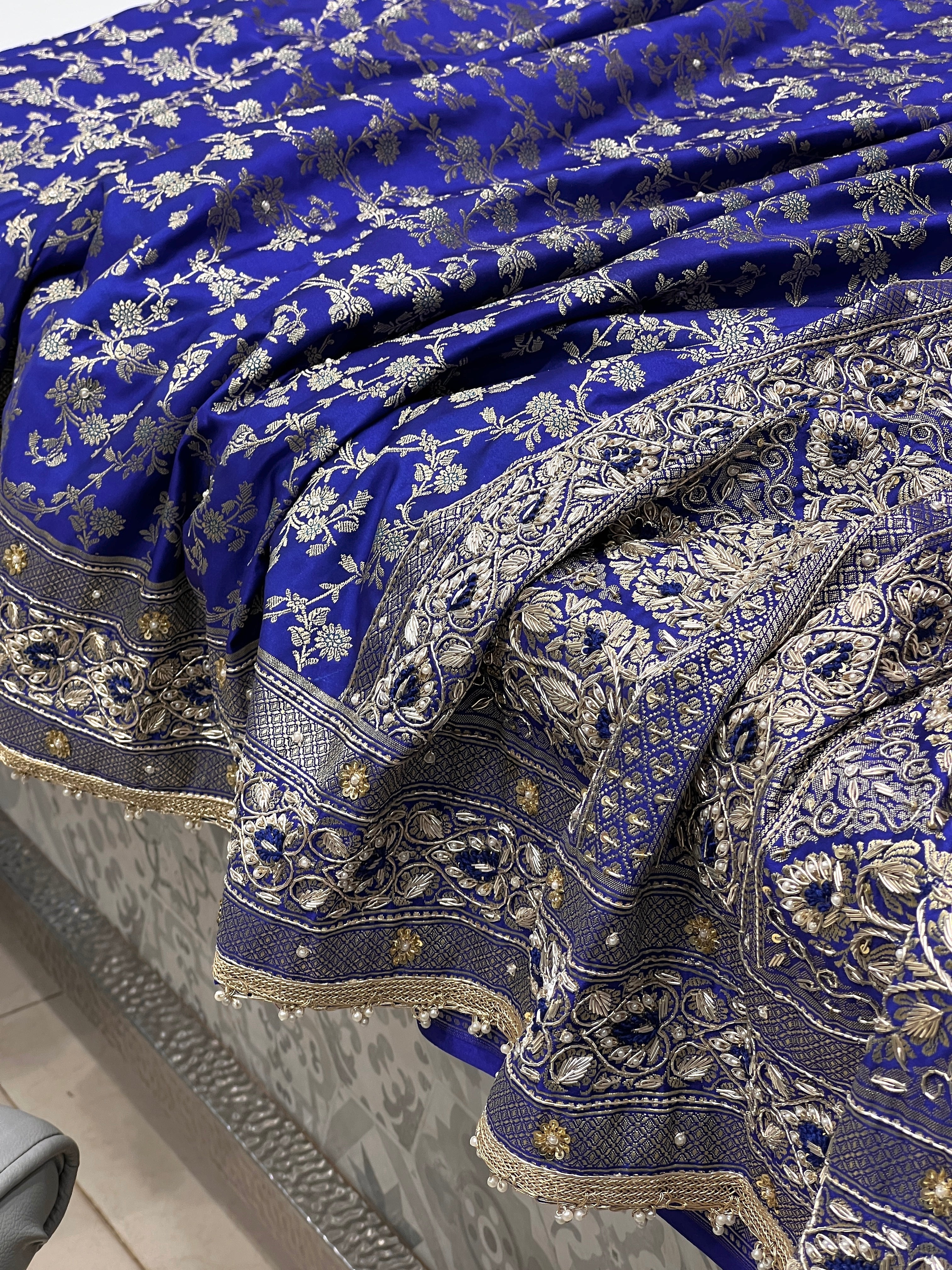 Ink Blue Banarasi Silk Resham Hand Embroidery Saree