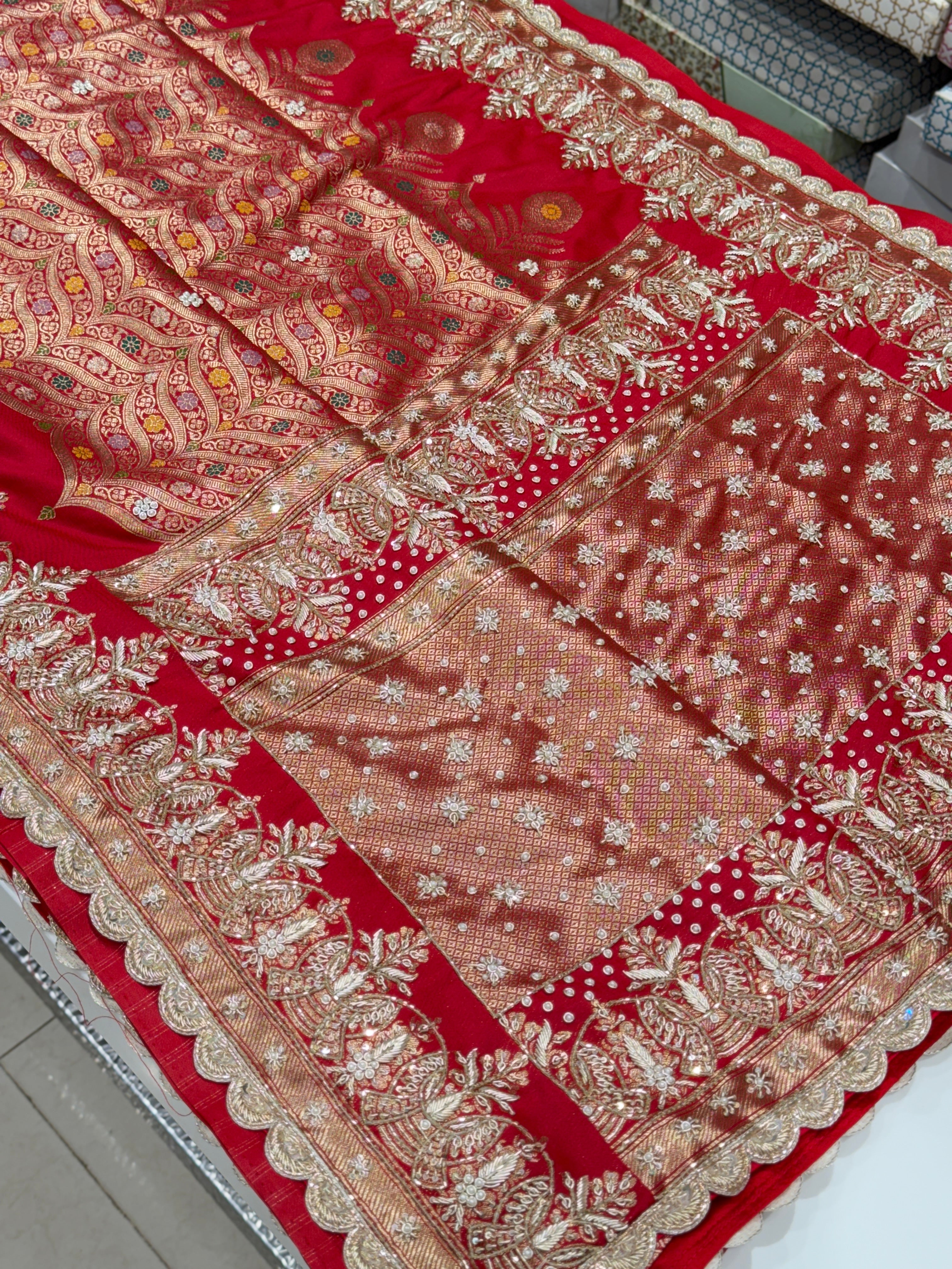 Red Banarasi Contemporary Zardosi Hand Embroidery Saree