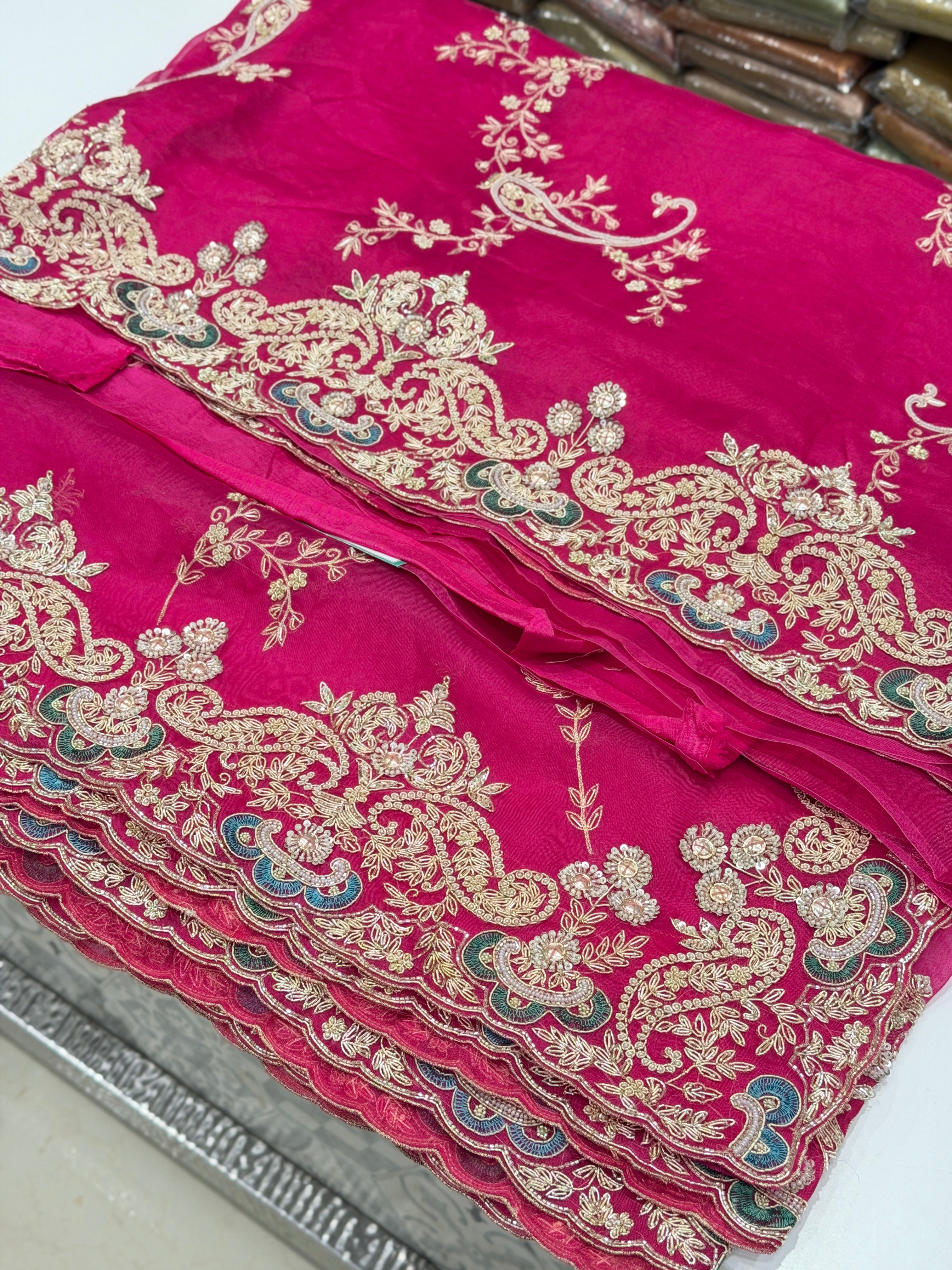 Rani Pink Organza Zardodi Phoneix Jaal Hand Embroidery Saree