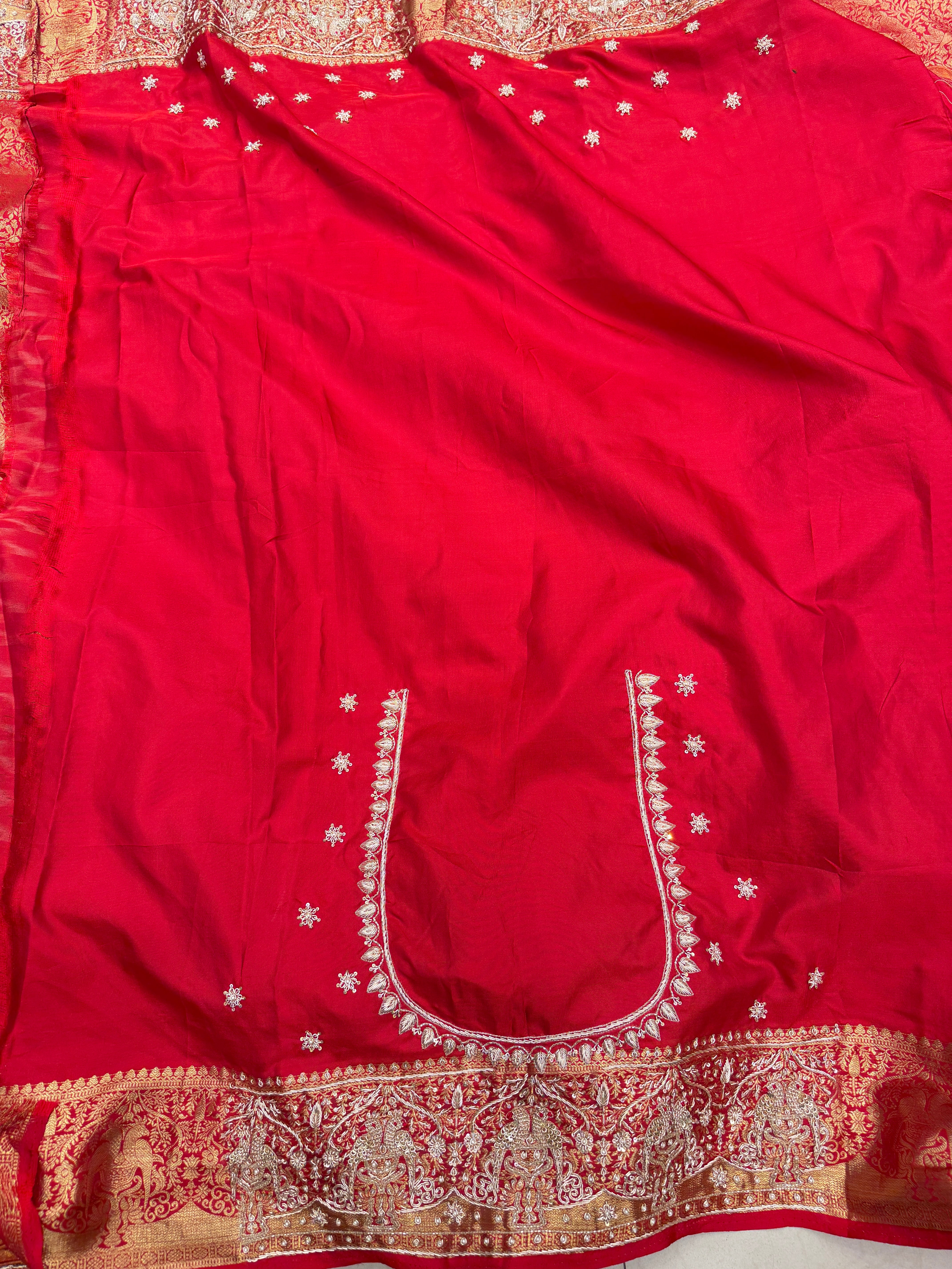 Red Kanjivaram Peacock Motif Hand Embroidery Zardosi Saree