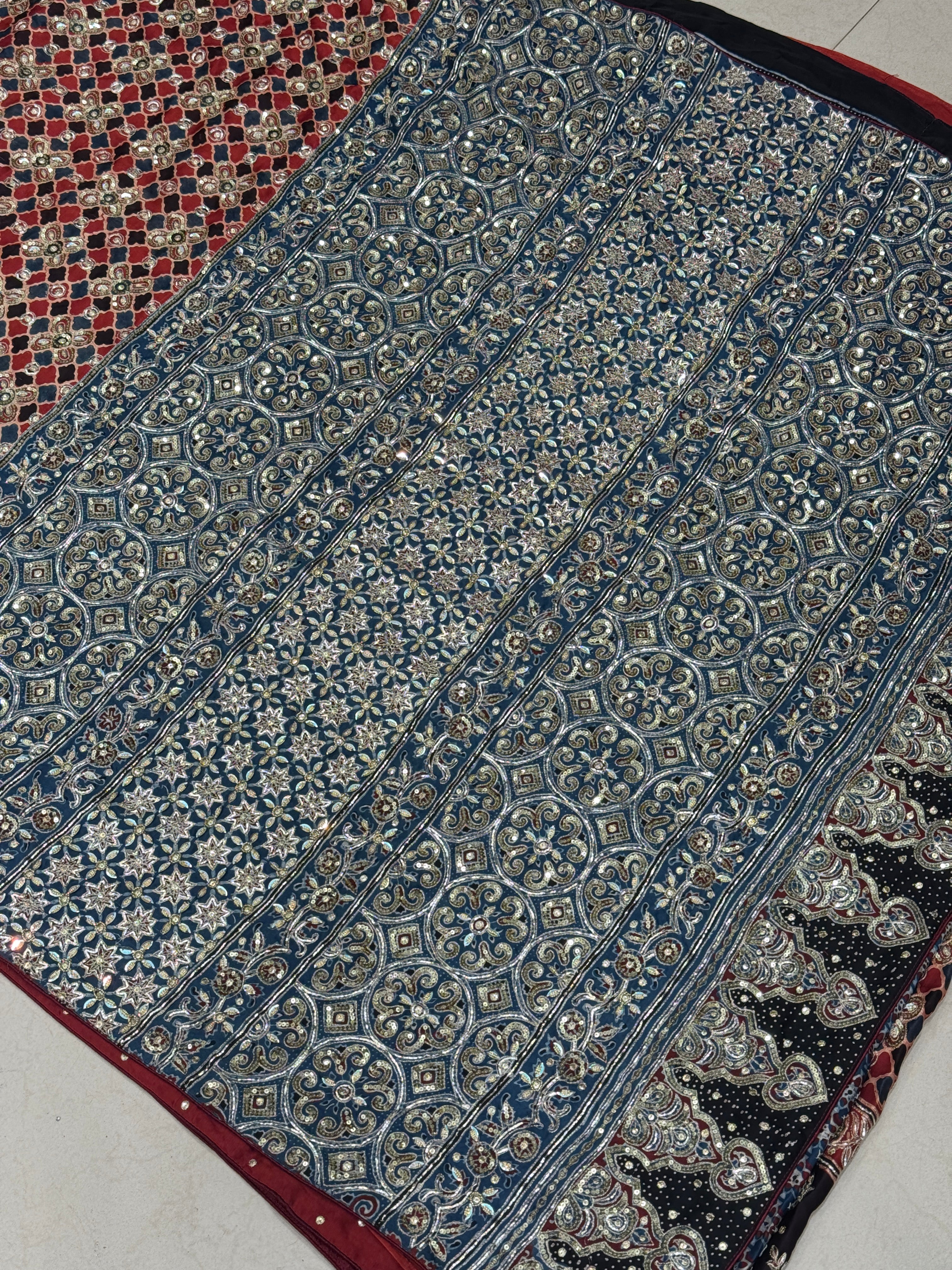 Red Blue Jali Buttas Pita Sequin Ajrakh Hand Embroidery Saree