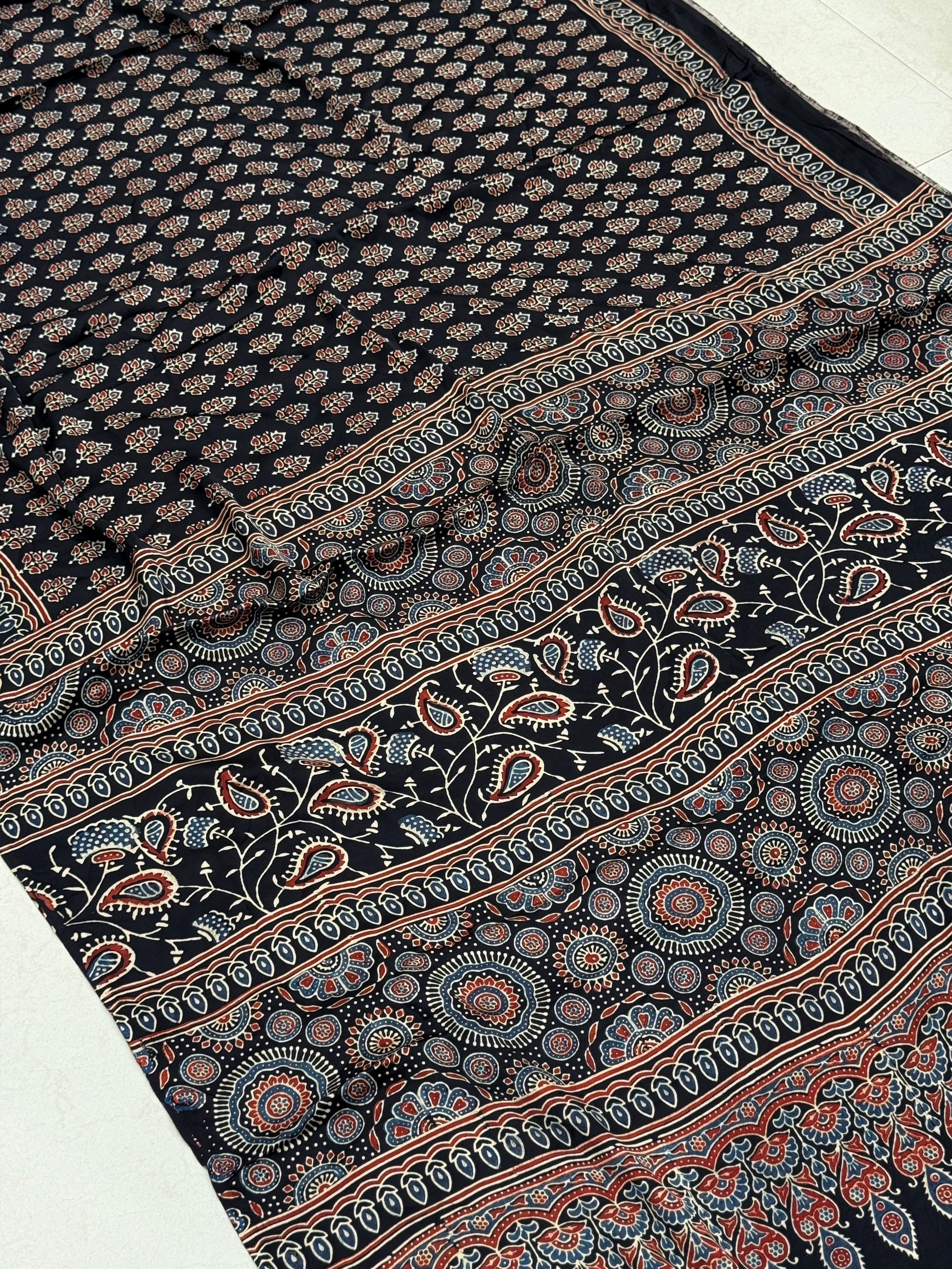 Black Blue Buttis Ajrakh Block Print Hand Pure Gajji Silk Saree