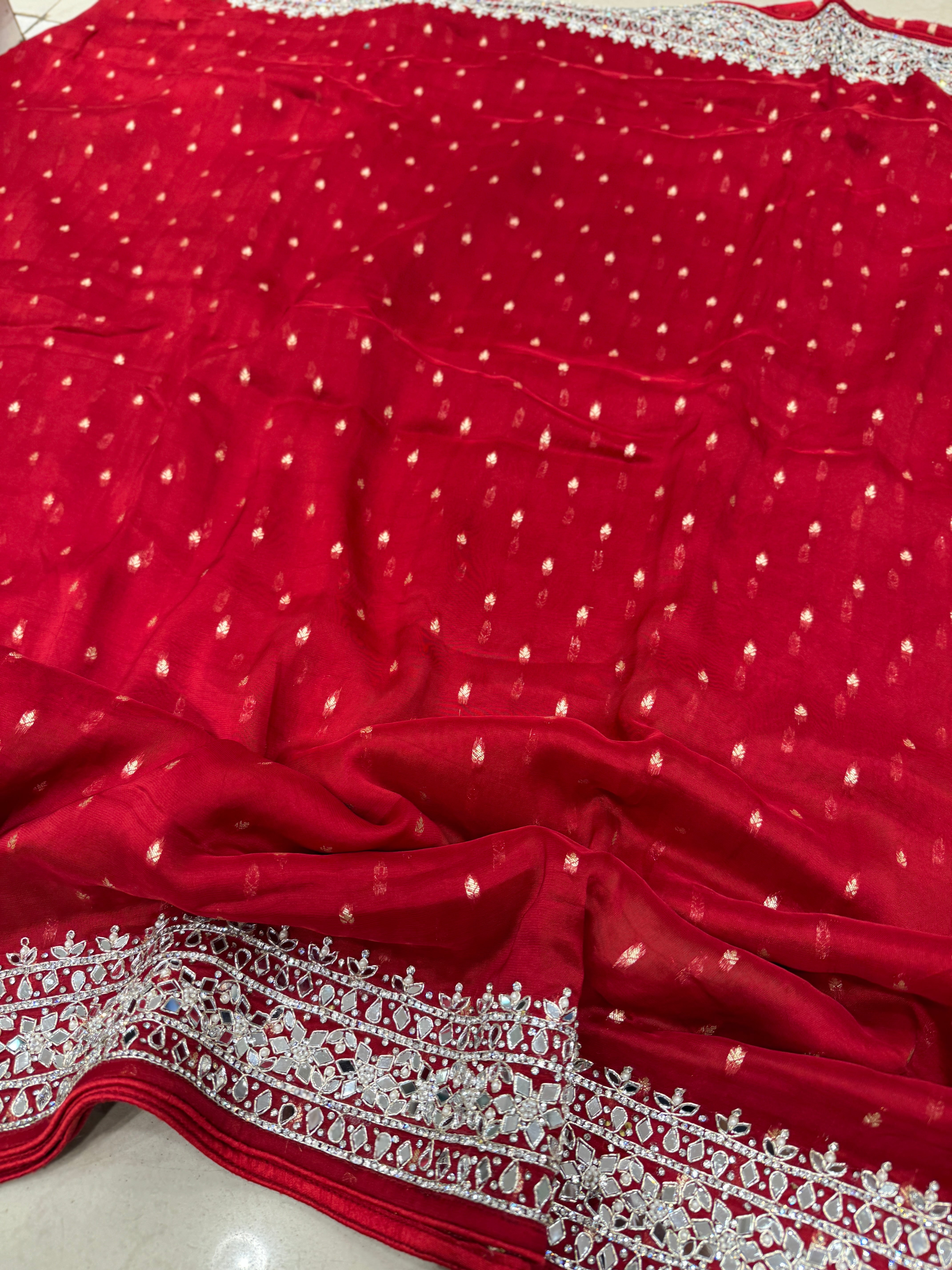 Red Satin Organza Mirror Hand Embroidery Saree
