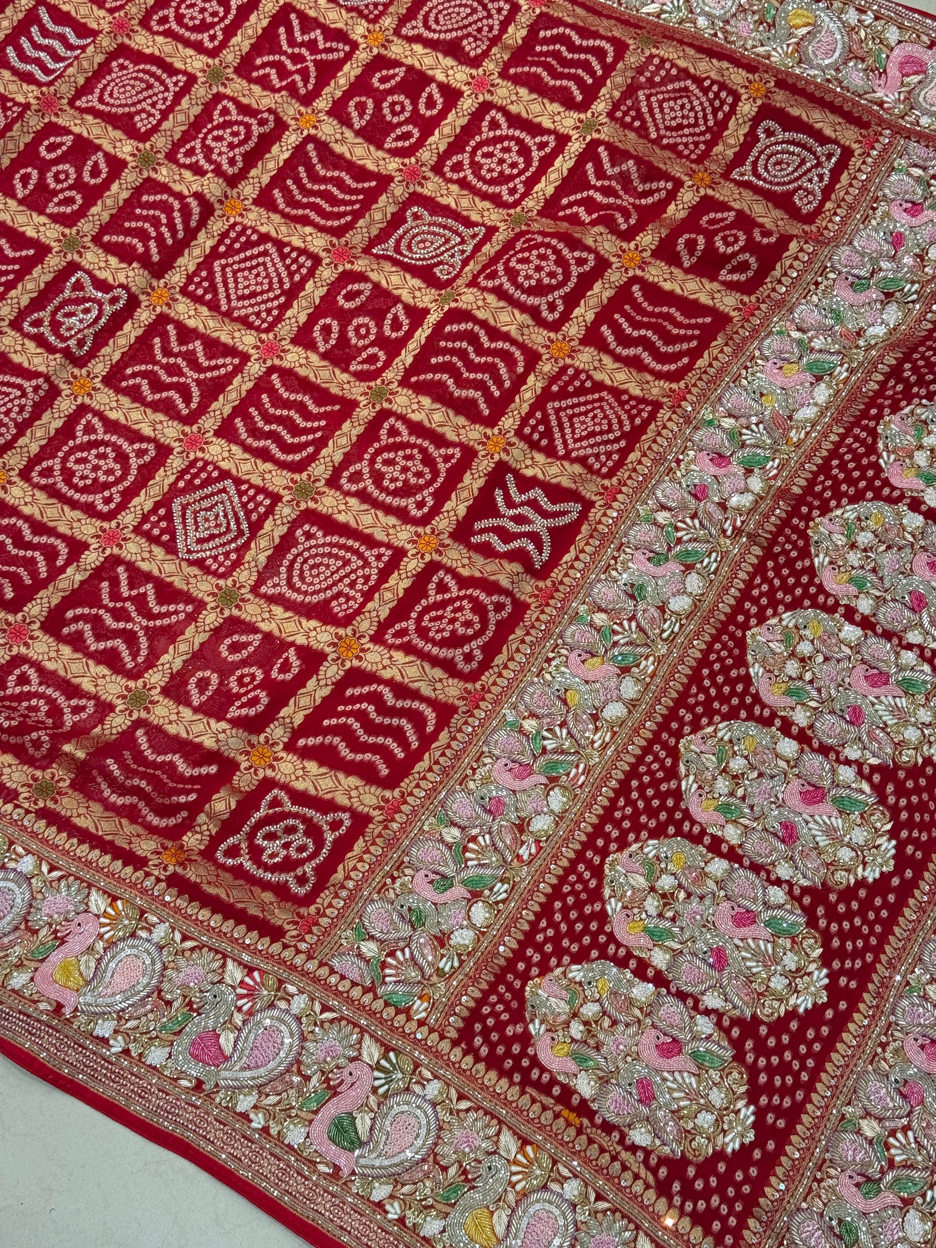 Red Gharchola Moti Sequin Zardosi Hand Embroidery Georgette Saree