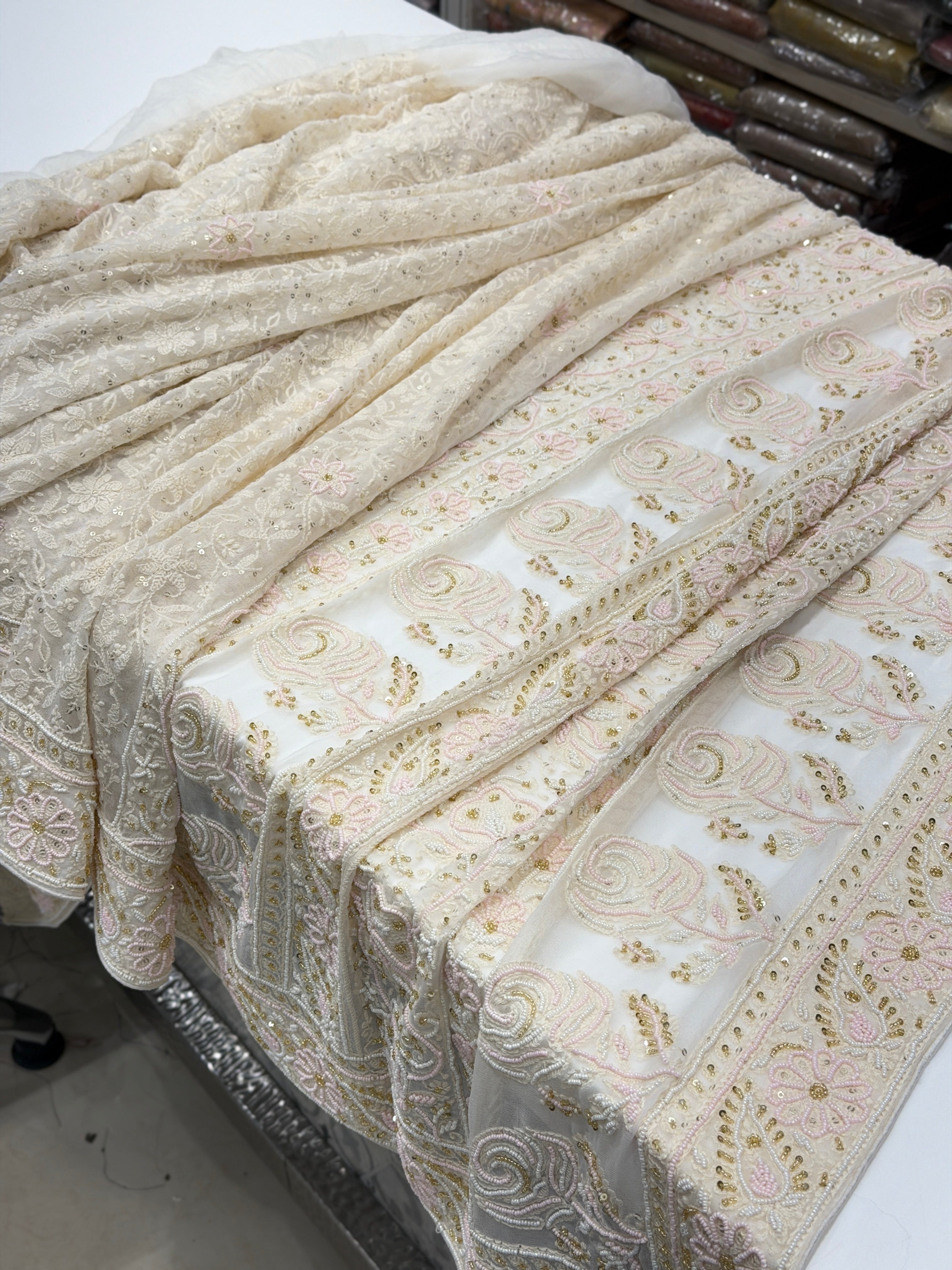 White Chikankari Kidiya Moti Hand Embroidery Saree
