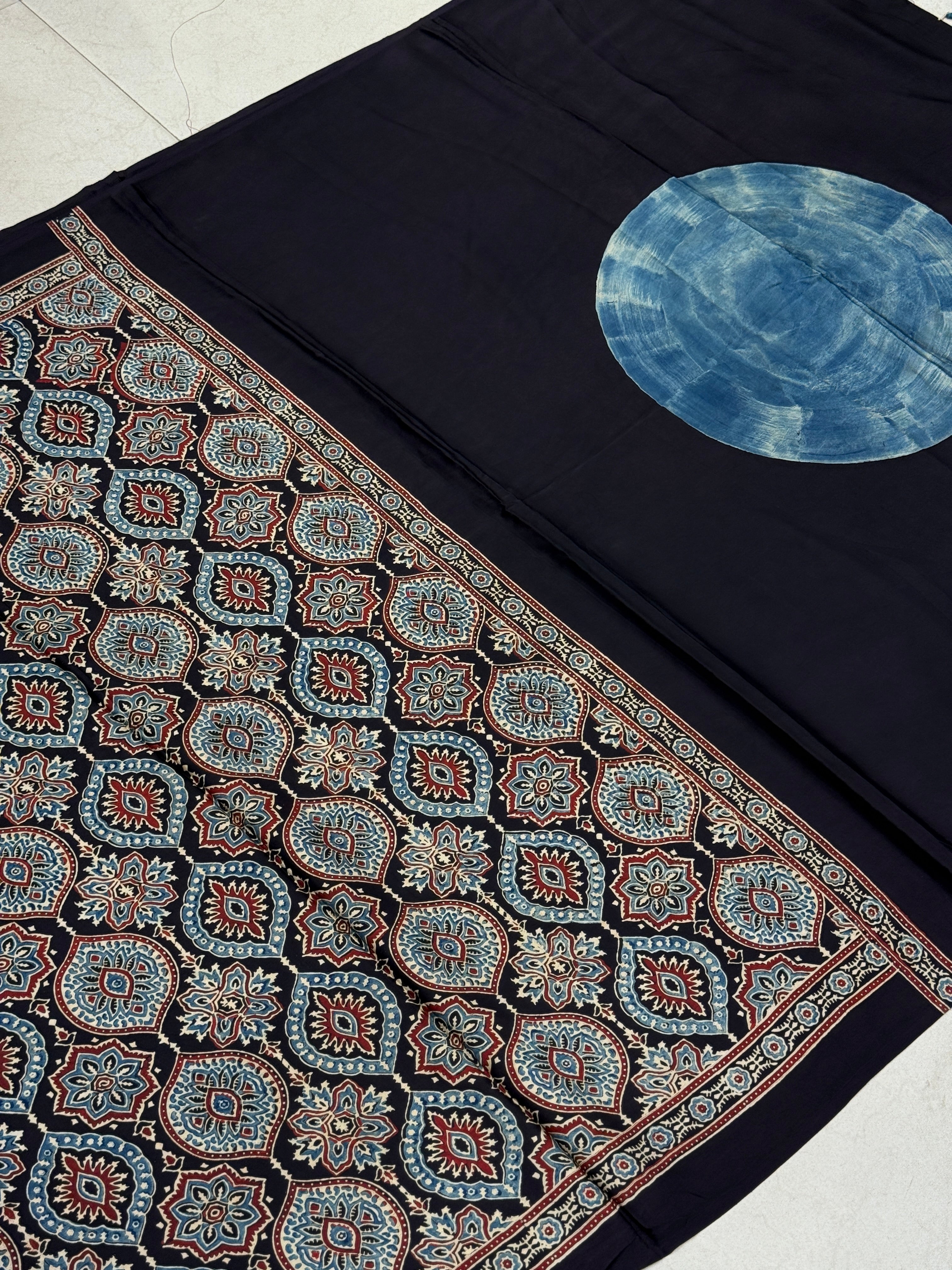 Blue Moon Pallu Ajrakh Modal Gajji Silk Saree