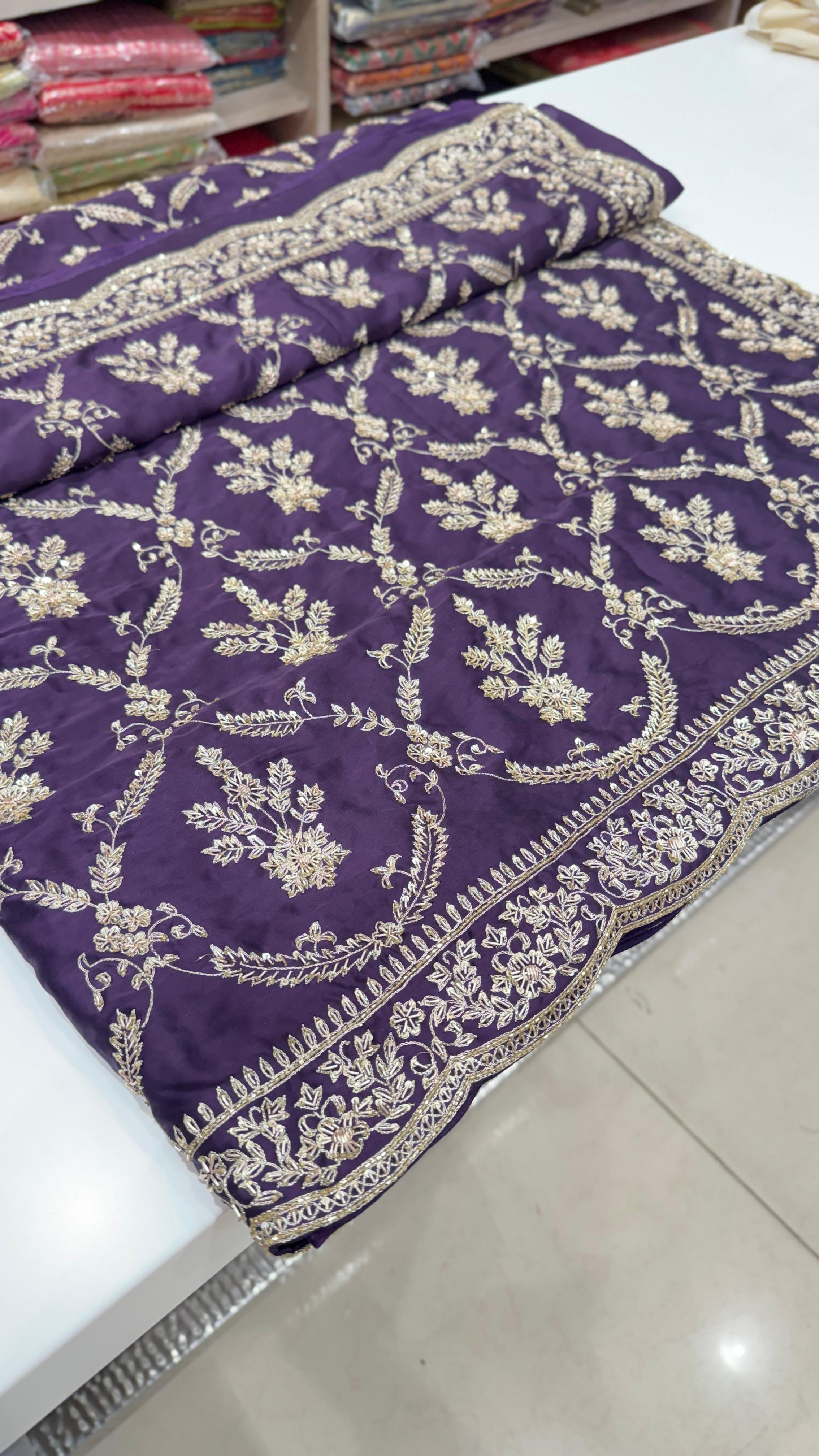 Purple Pure Satin Hand Embroidered Zardozi Saree