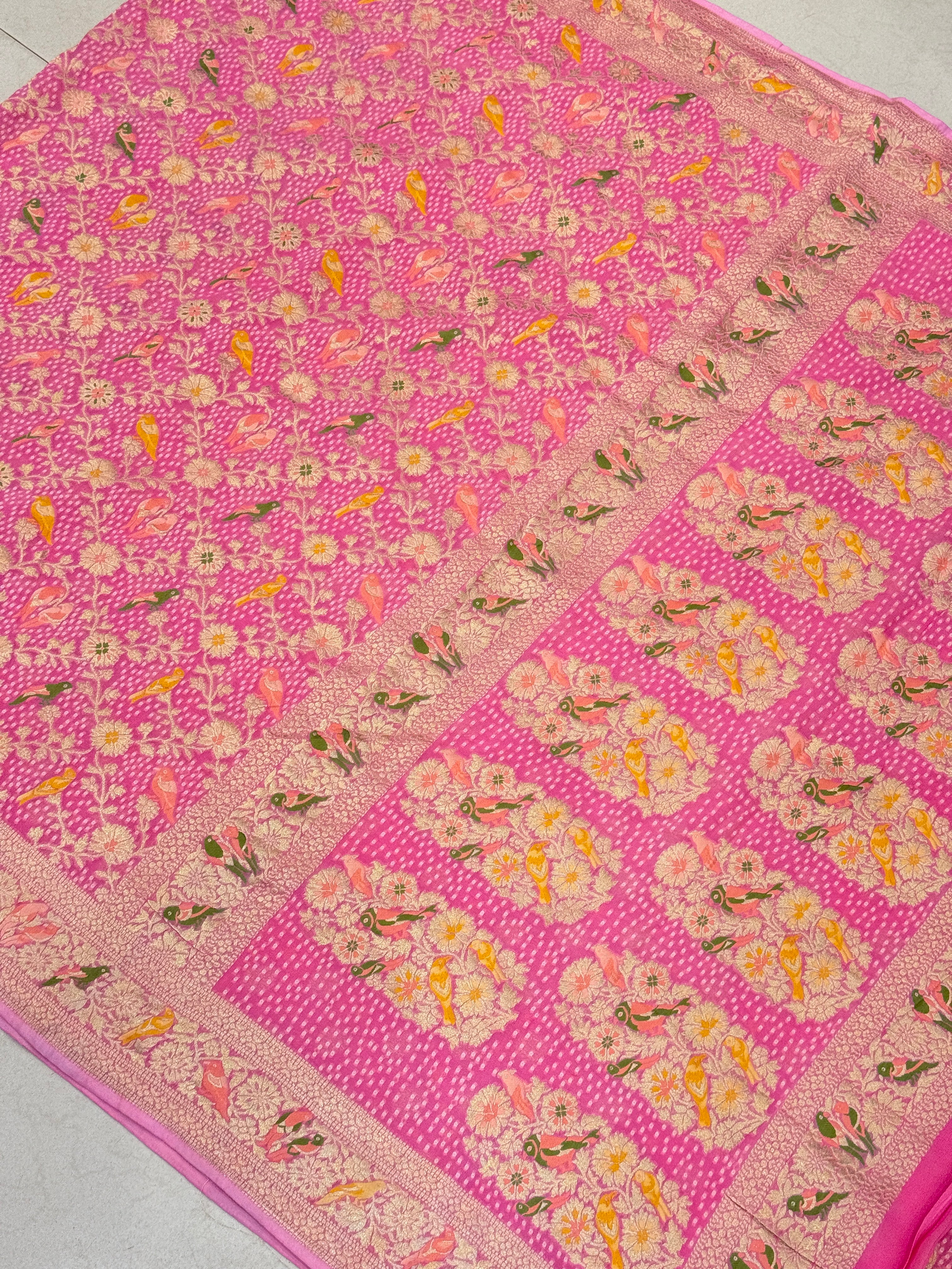 Pink Woven Bandhej Meenakari Parrot Motif Saree