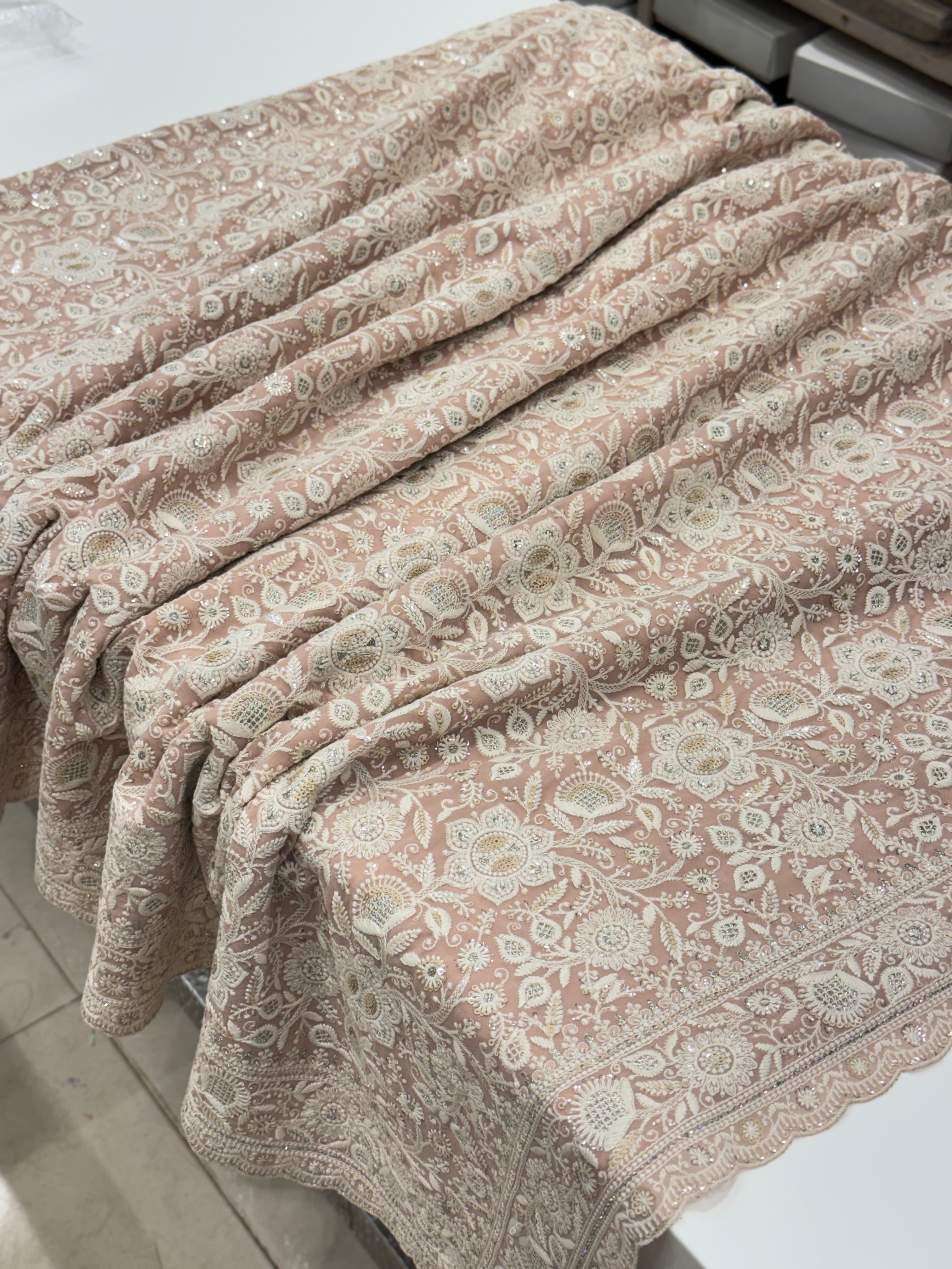 Nude Pink Chikankari Small Scallop Design Saree