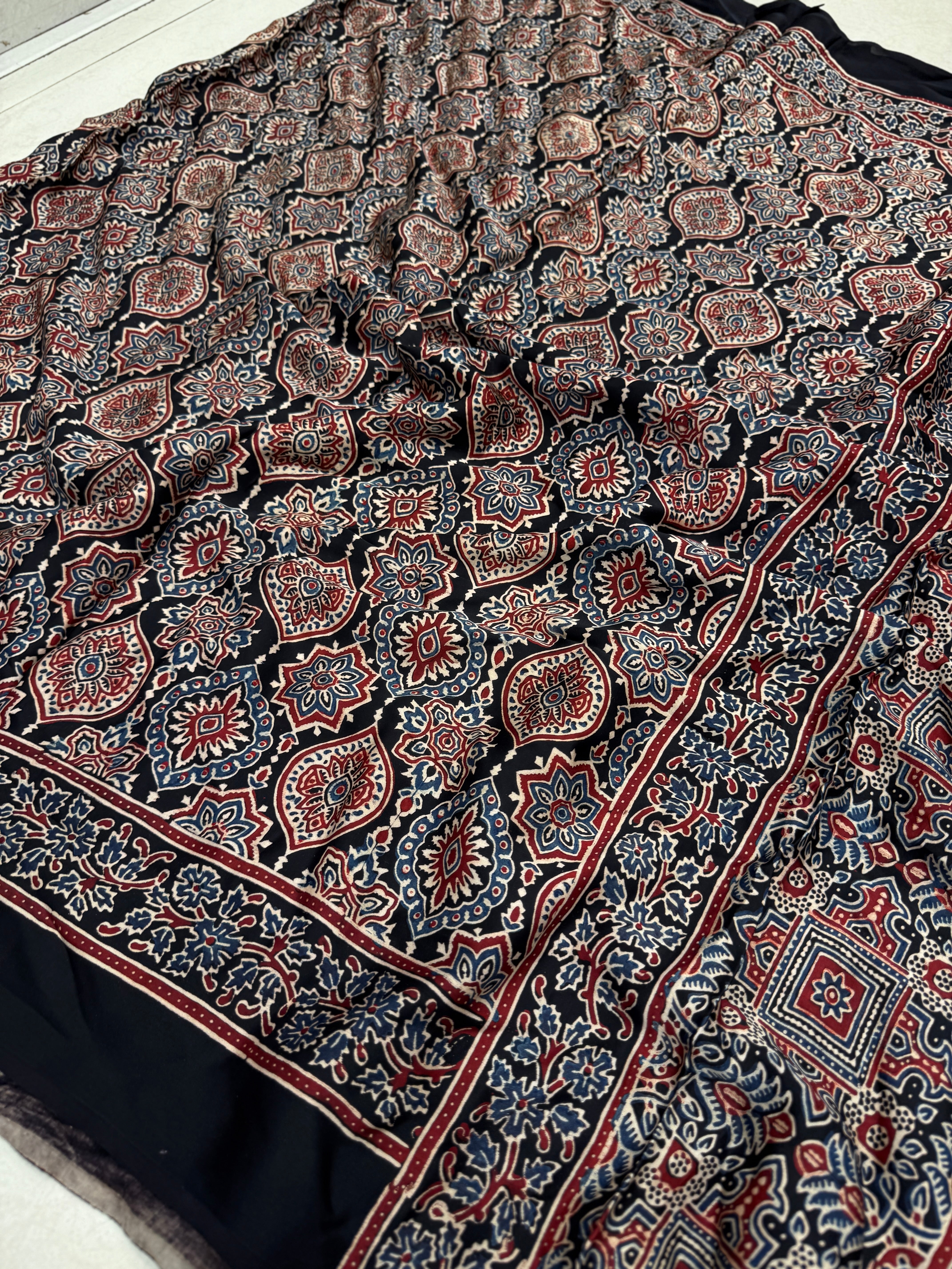 Black Badam Jaal Ajrakh Block Print Hand Pure Gajji Silk Saree