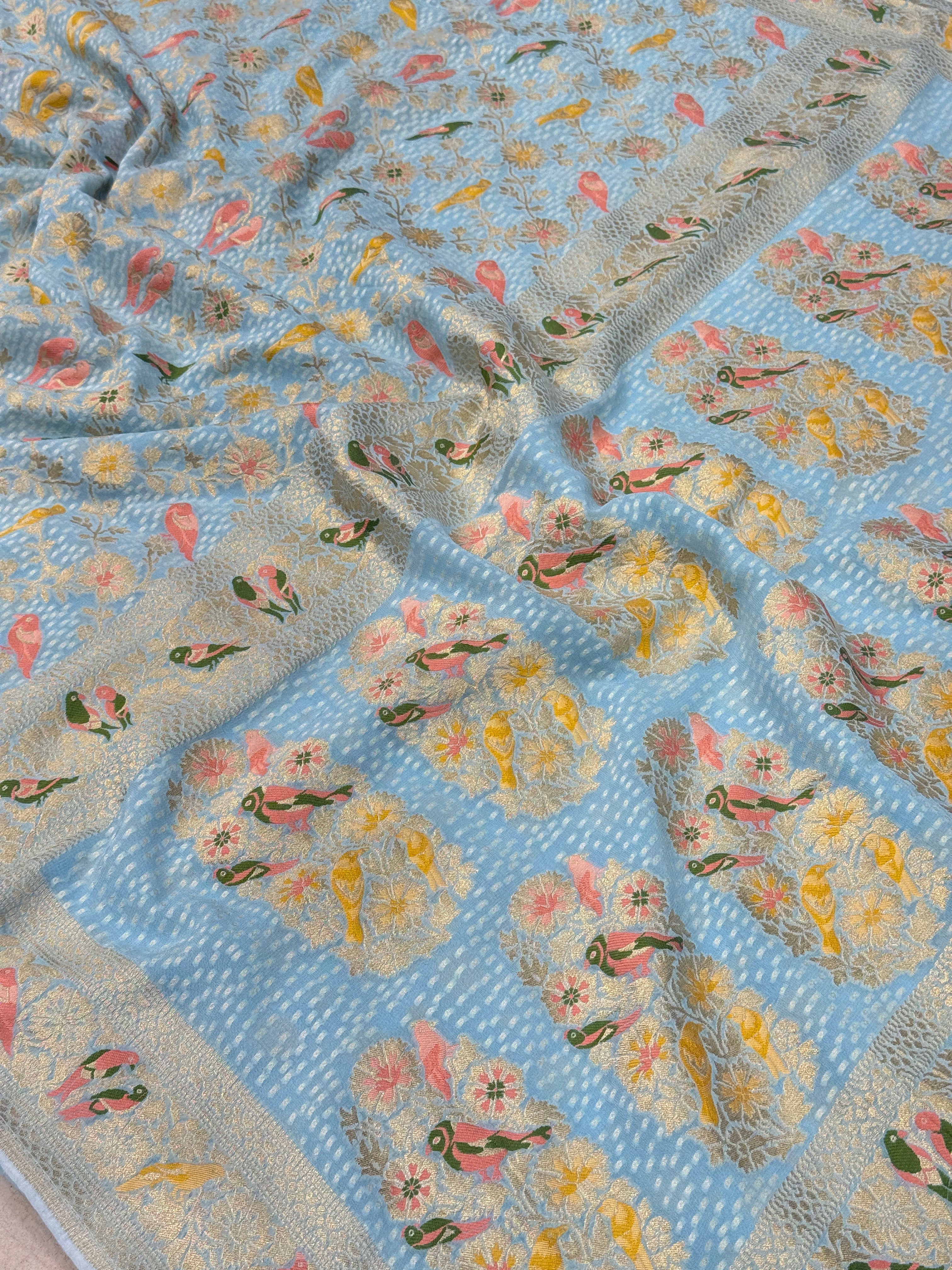 Light Blue Woven Bandhej Meenakari Parrot Motif Saree