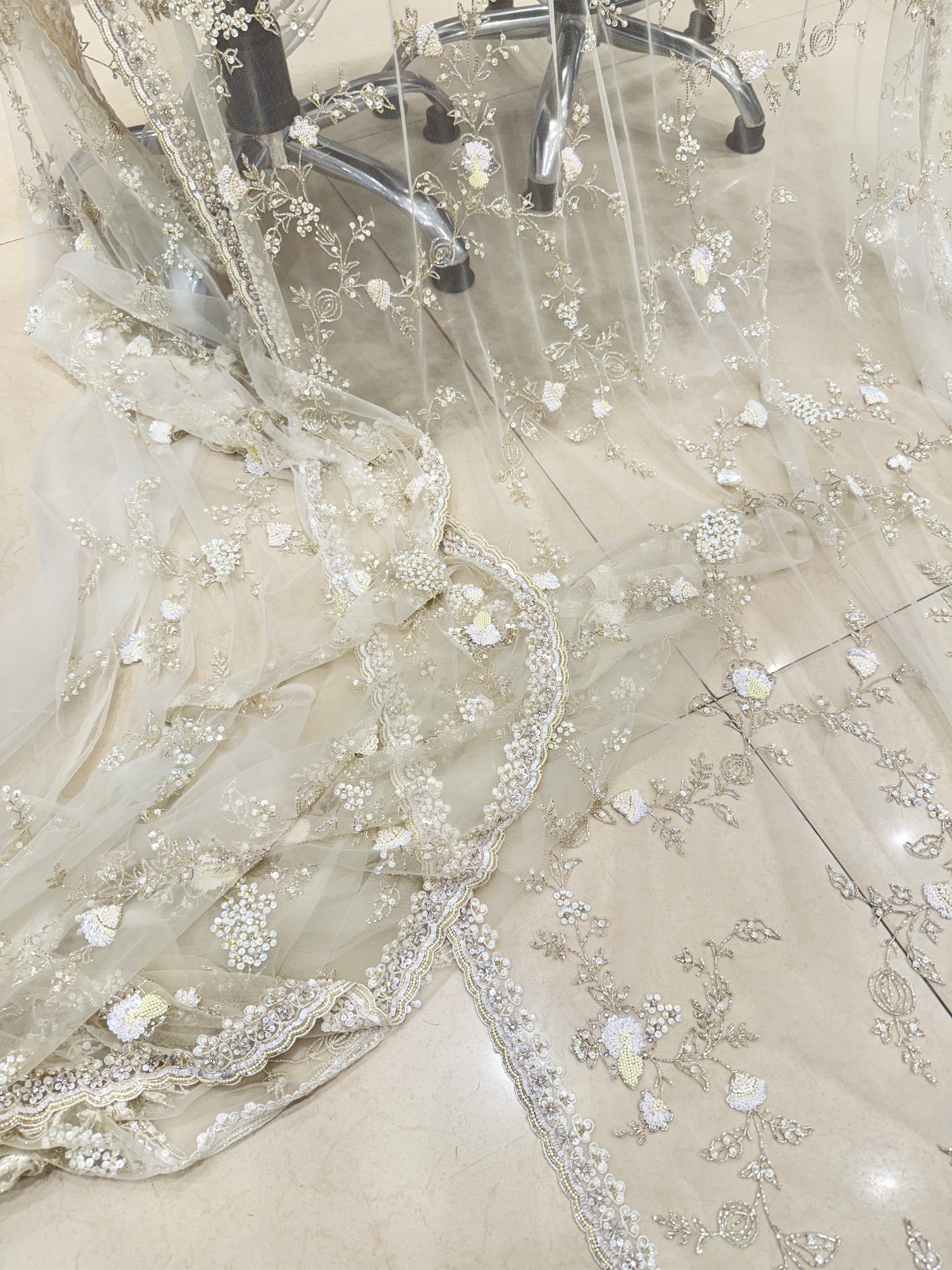 White Hand Embroidery Net Saree Sequin and Salli Embroidery