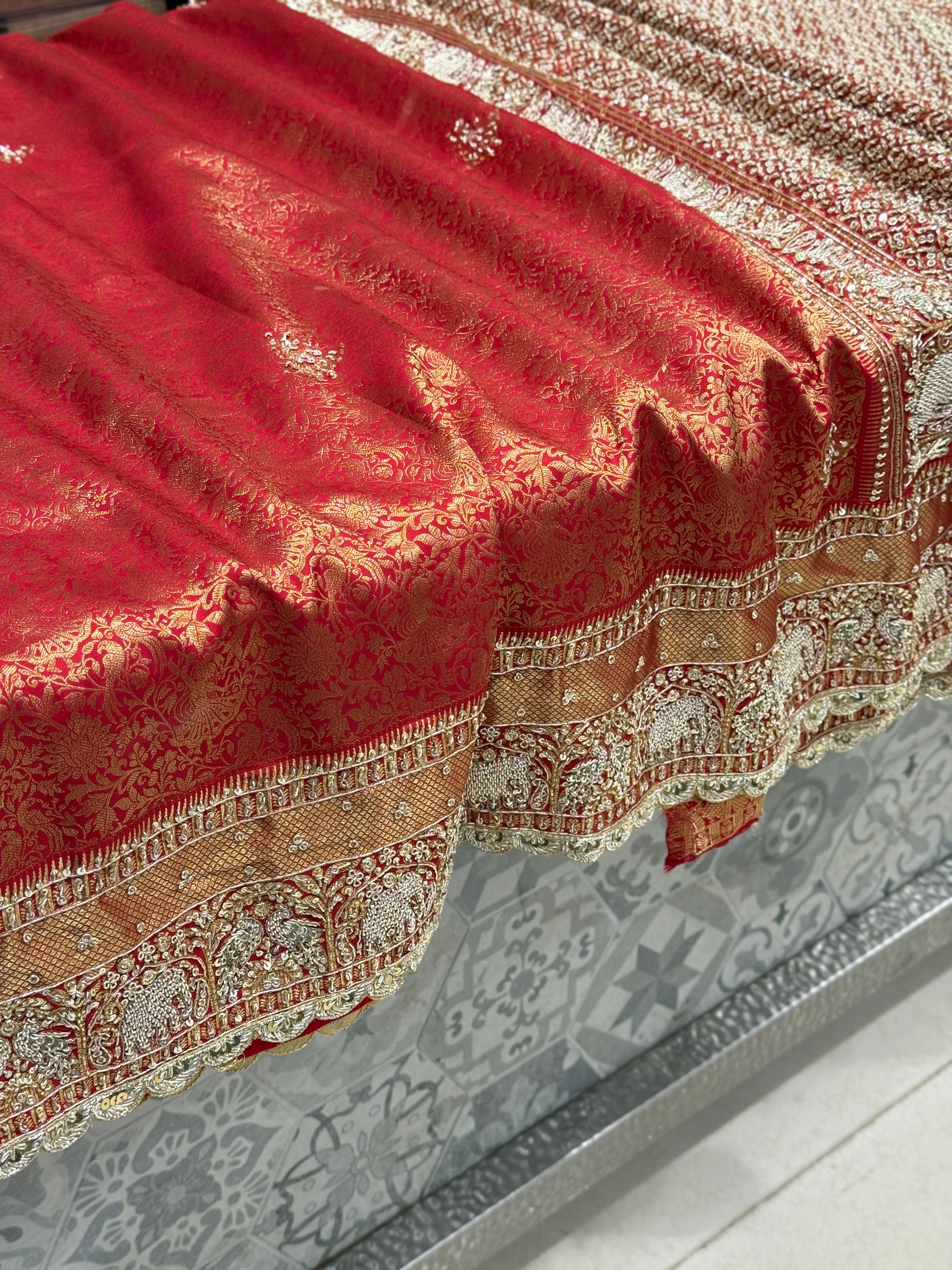 Red Kanjivaram Elephant Motif Zardozi Hand Embroidery Saree