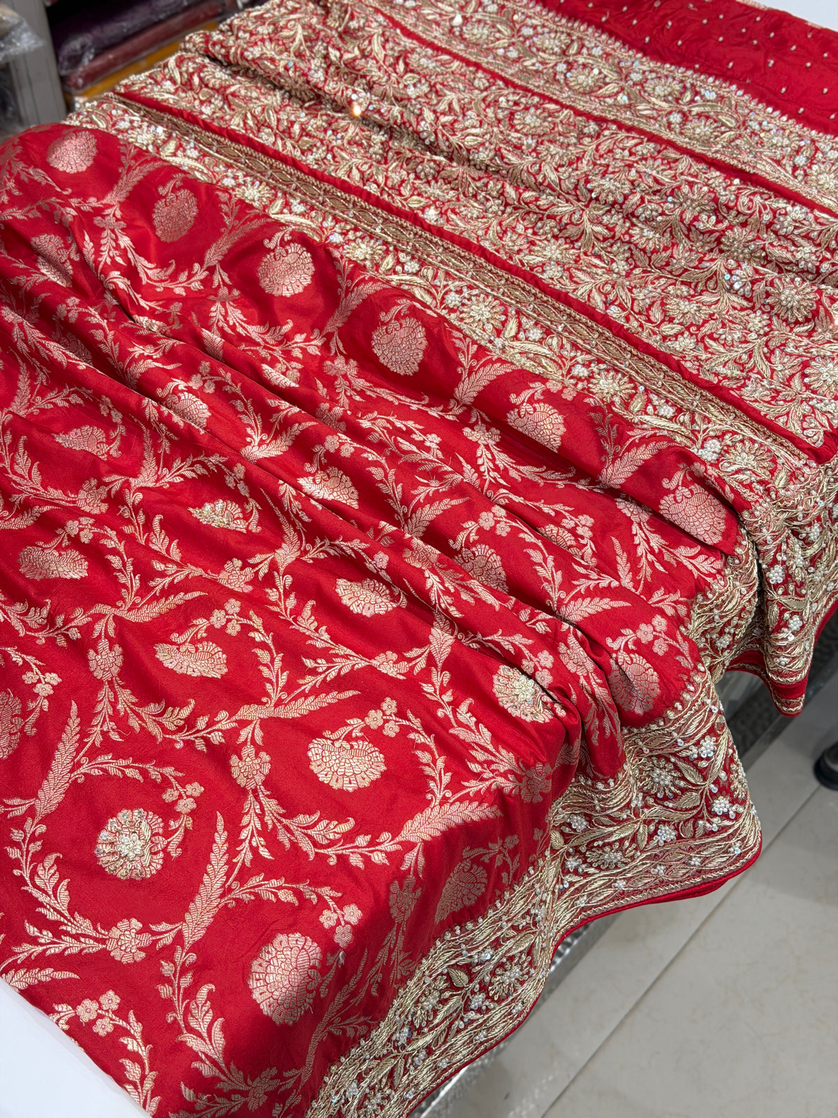Red Banarasi Handloom Katan Silk Hand Embroidery Zardosi Saree